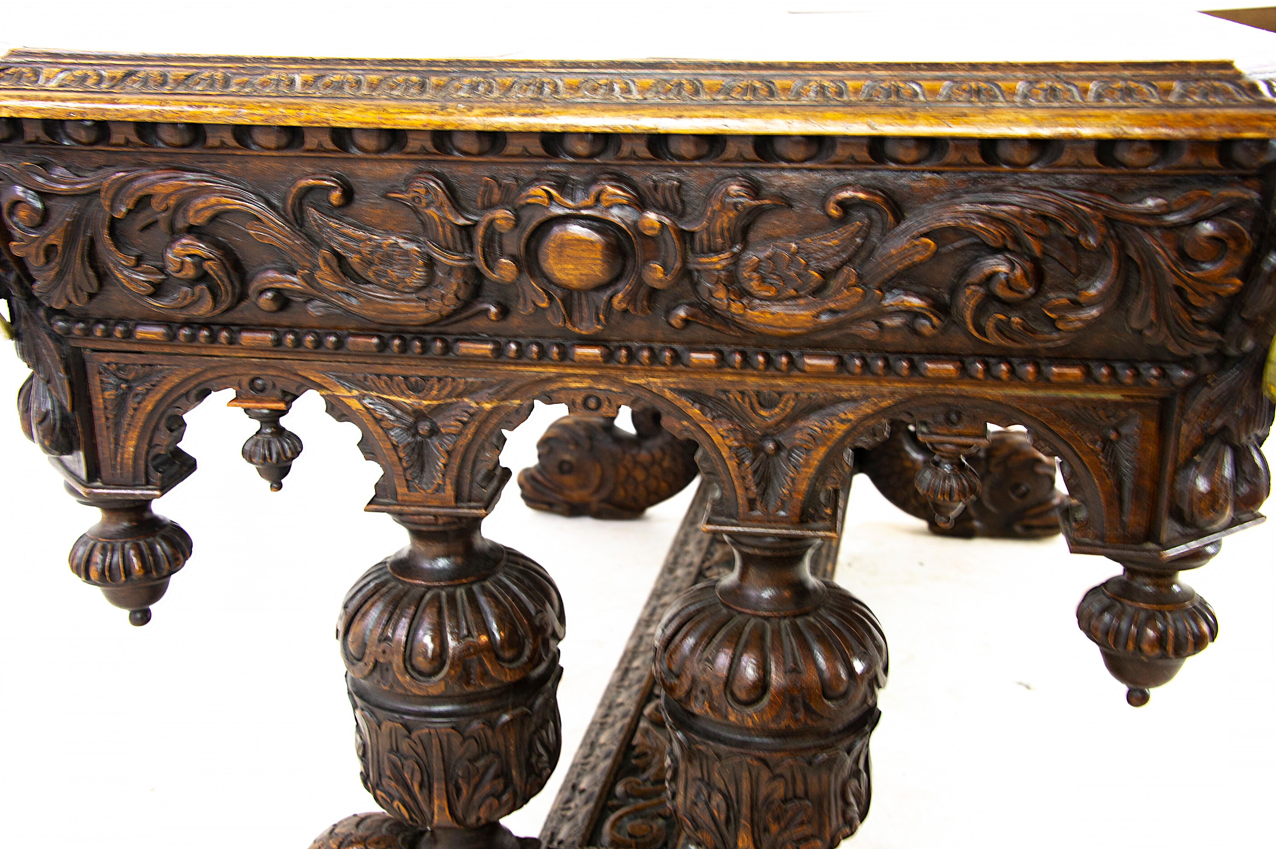 Antique Dolphin Desk, Victorian Carved Tiger Oak Table, France 1870, B1499 In Good Condition In Vancouver, BC