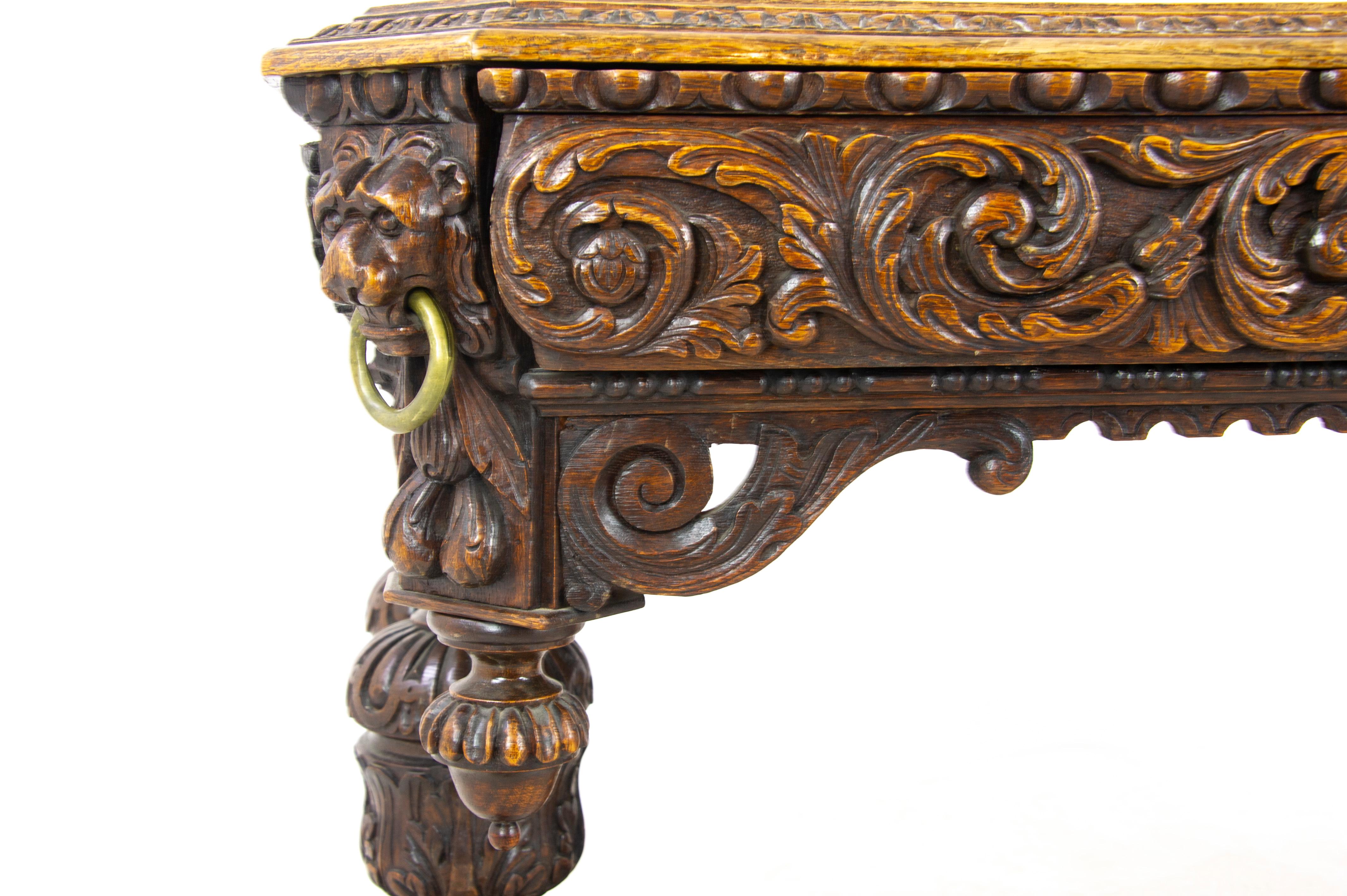 Late 19th Century Antique Dolphin Desk, Victorian Carved Tiger Oak Table, France 1870, B1499