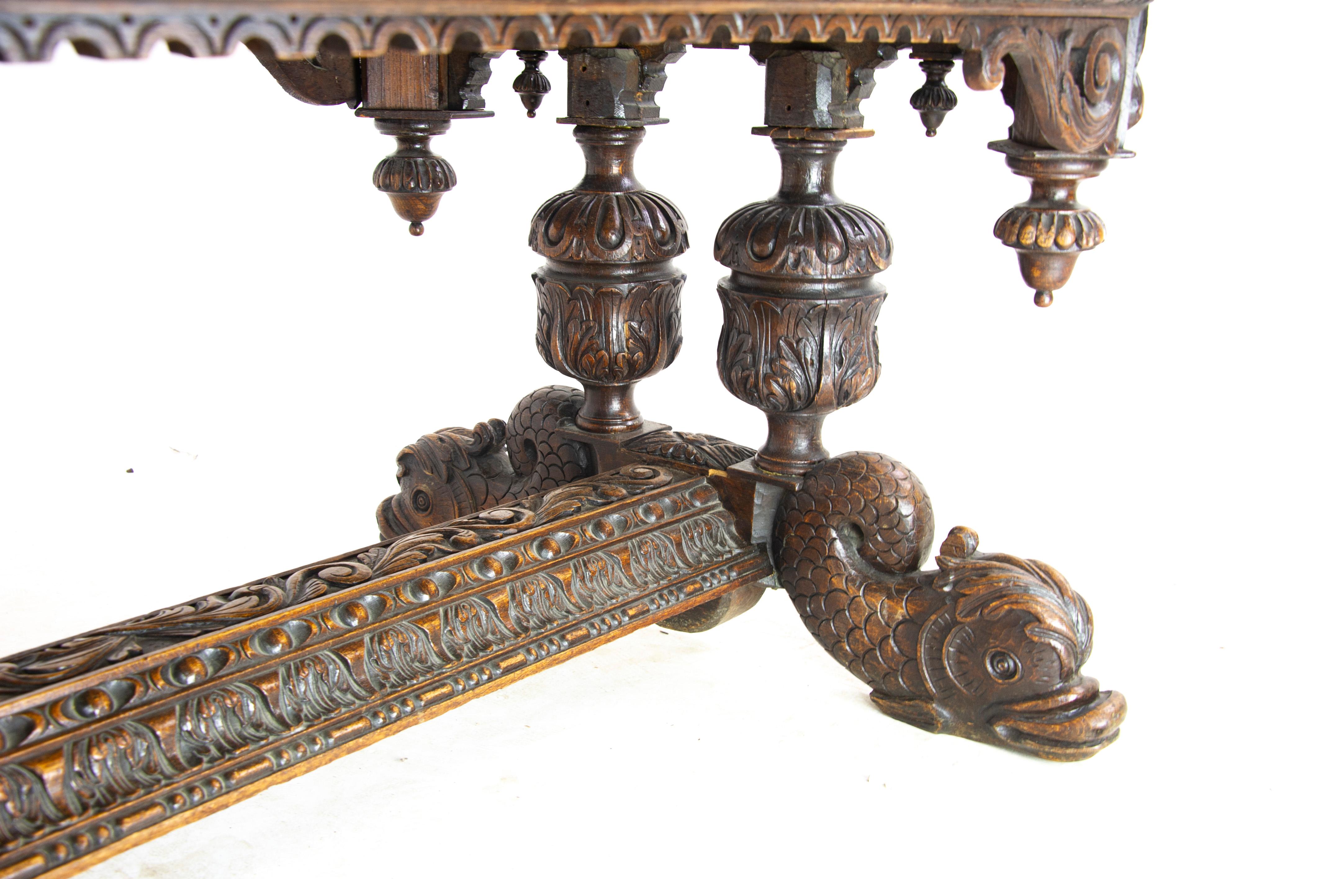 Antique Dolphin Desk, Victorian Carved Tiger Oak Table, France 1870, B1499 2
