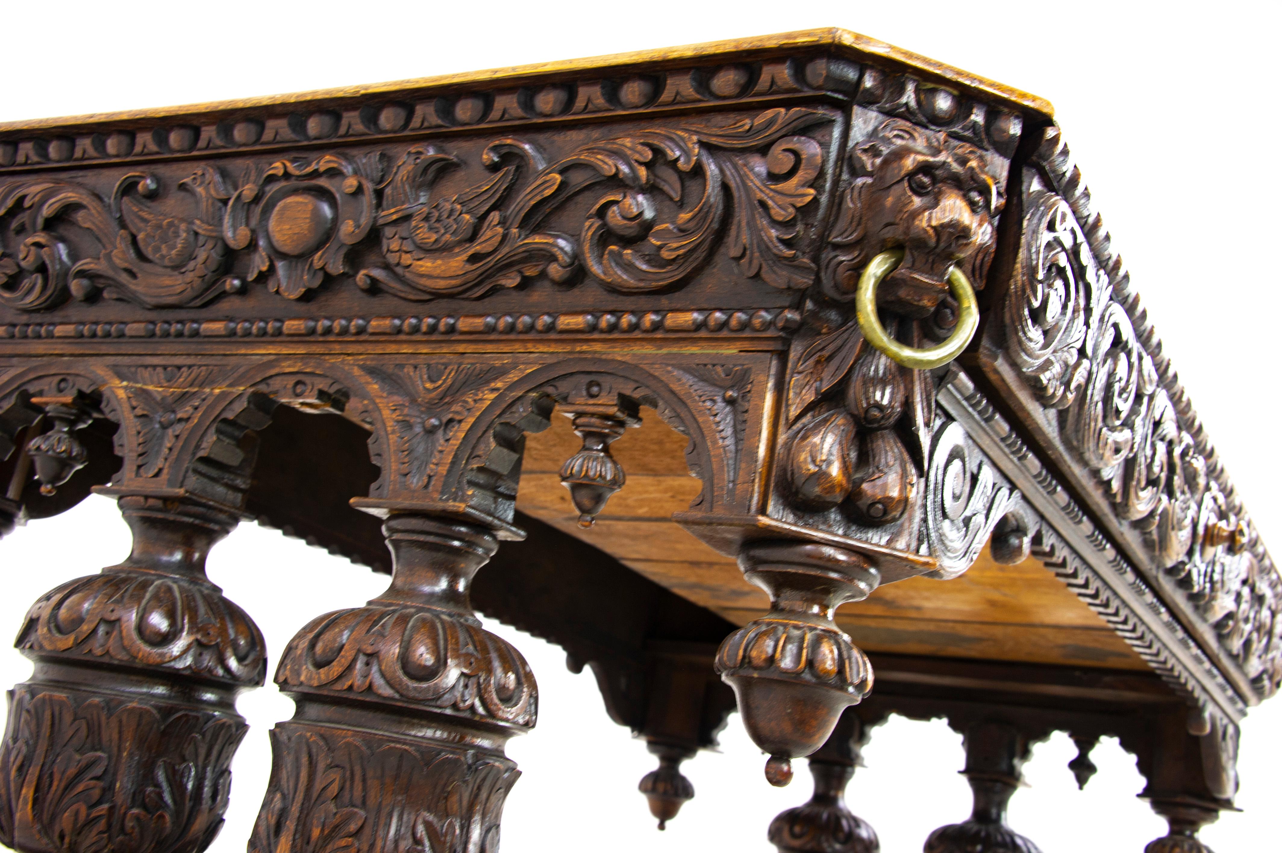 Antique Dolphin Desk, Victorian Carved Tiger Oak Table, France 1870, B1499 3