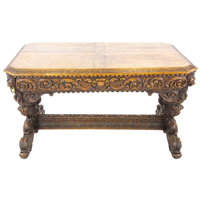 Antique Dolphin Desk Victorian Carved Tiger Oak Table France