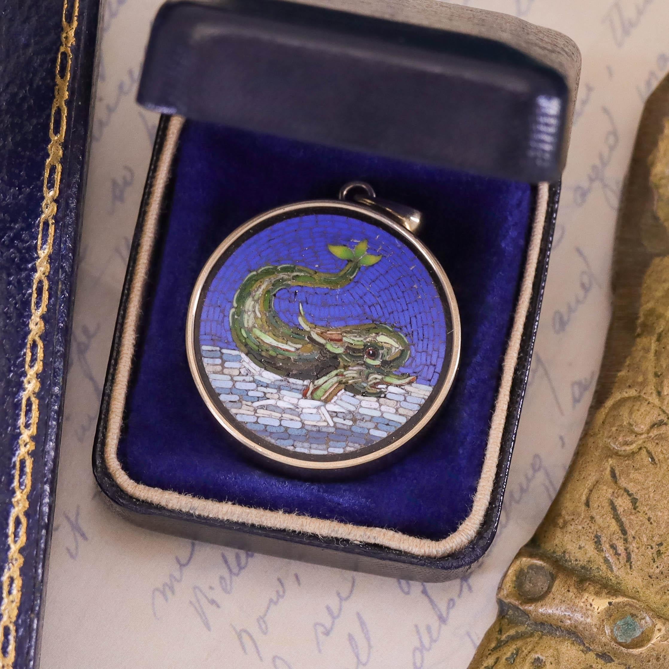 Women's Antique Dolphin Micromosaic Pendant of 14k Gold For Sale