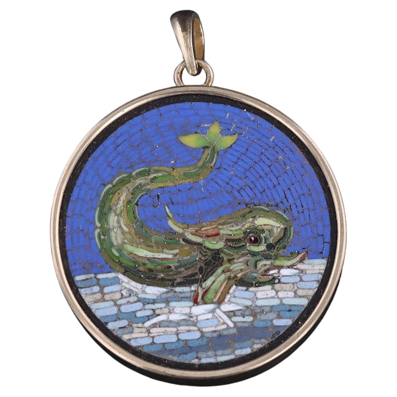 Antique Dolphin Micromosaic Pendant of 14k Gold For Sale