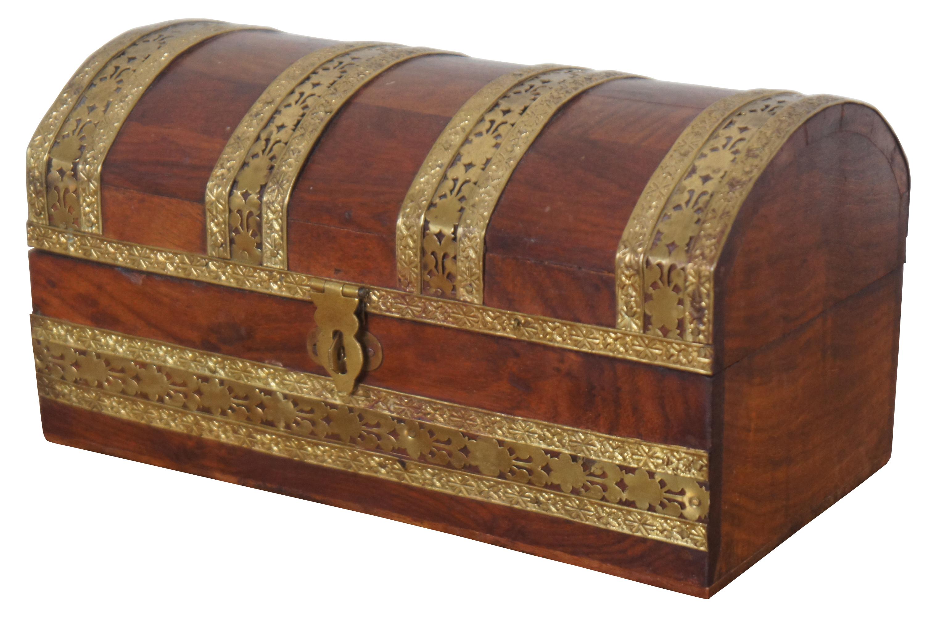 Antique dome top wooden trinket box or tea caddy with ornate floral brass banding. Measures: 8