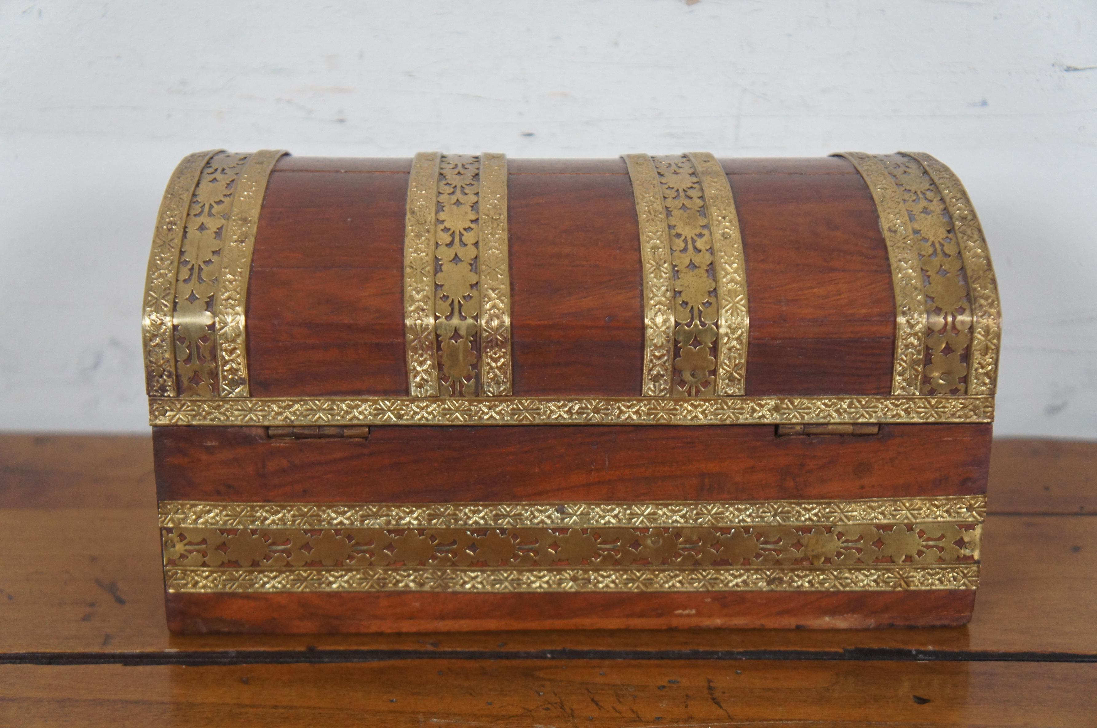Antique Dome Top Reticulated Brass Banded Tea Caddy Keepsake Trinket Box 1
