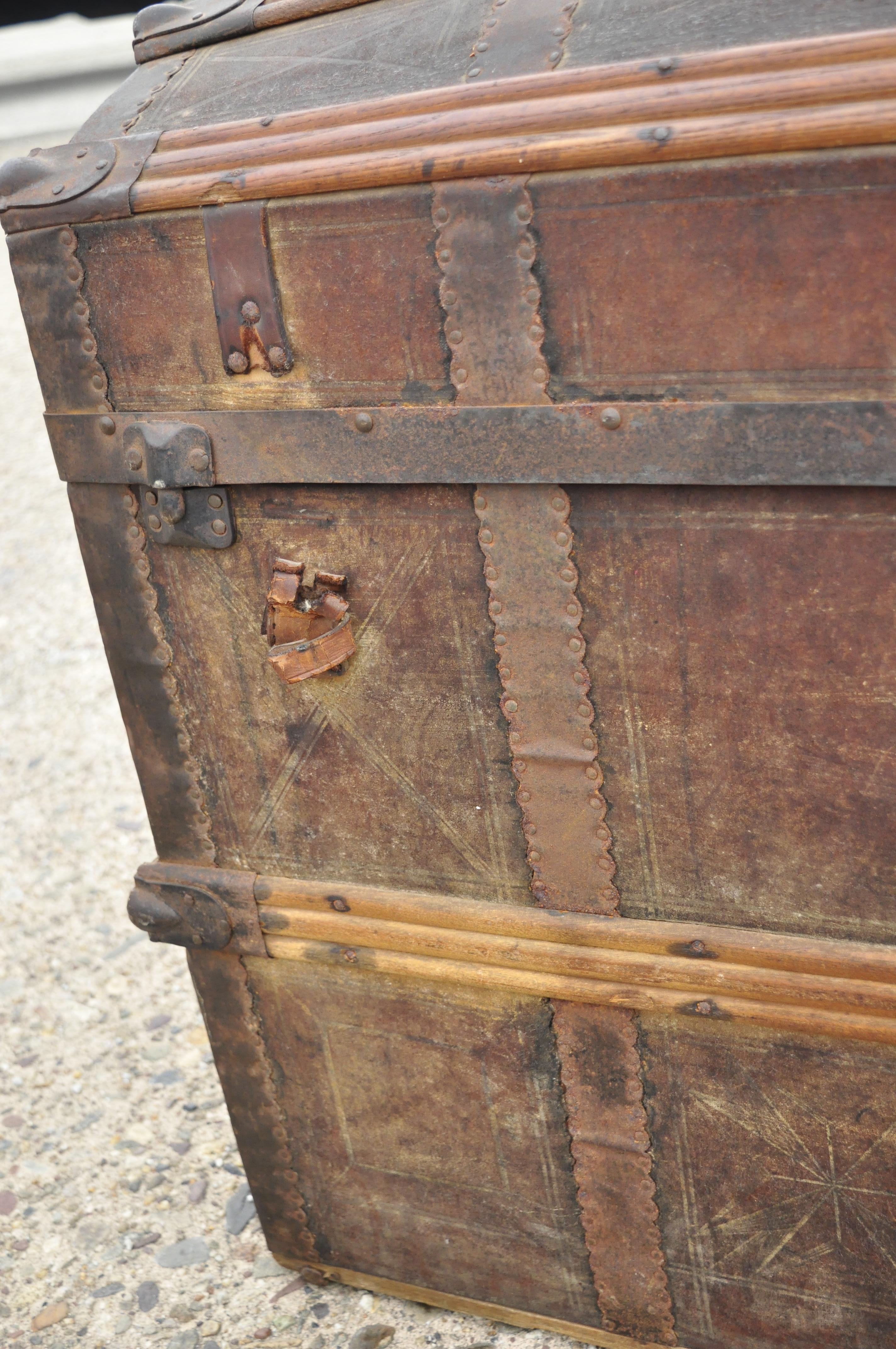 Antique Dome Top Wood Leather Metal Distressed Pirates Treasure Chest Trunk 2