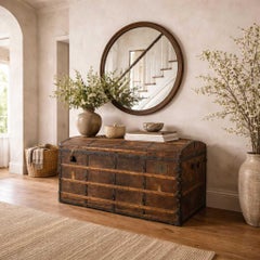 Antique Dome-Top Wooden Trunk with Original Iron Hardware and Patina, Late 19th