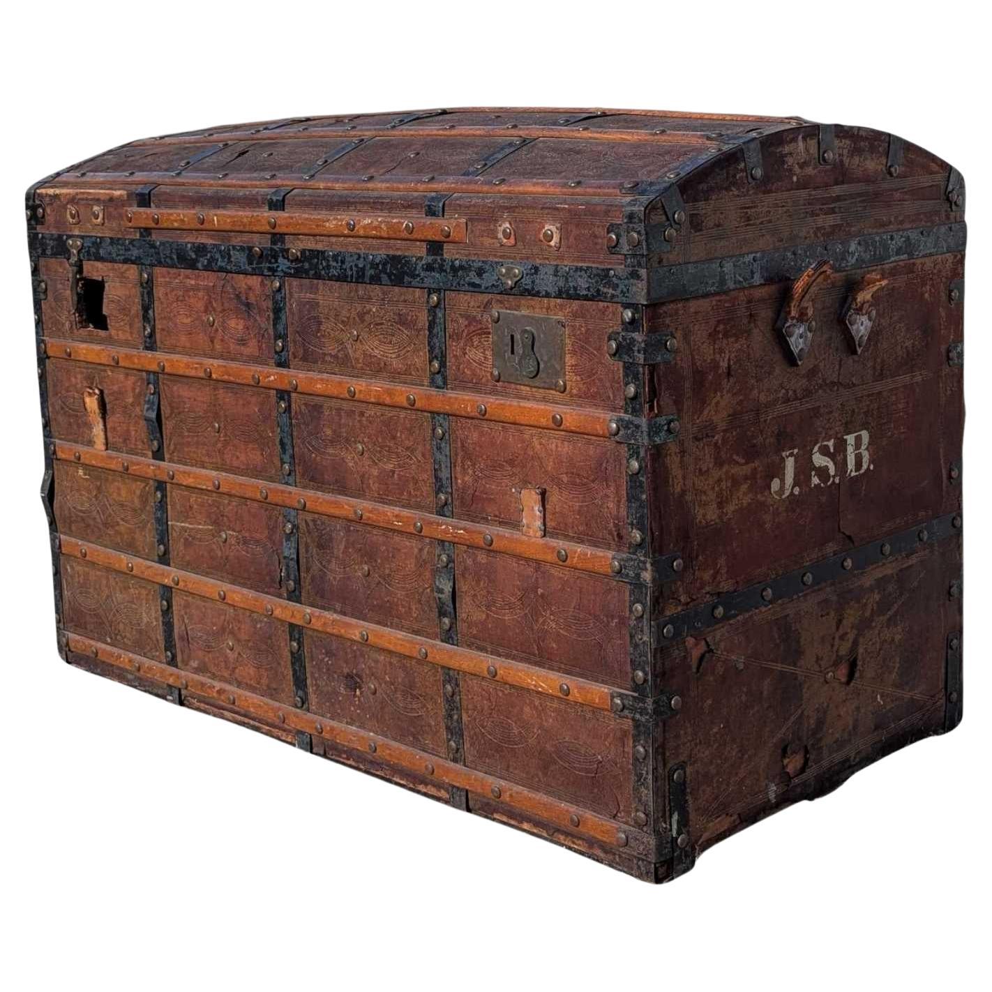 Antique Dome-Top Wooden Trunk with Original Iron Hardware and Patina, Late 19th For Sale