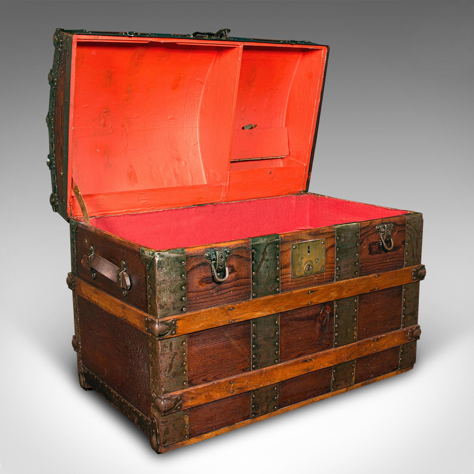 This is an antique dome topped chest. An English, pine and iron bound shipping trunk, dating to the mid Victorian period, circa 1870.

Superb presentation to this distinctive and versatile chest
Displays a desirable aged patina and in good original