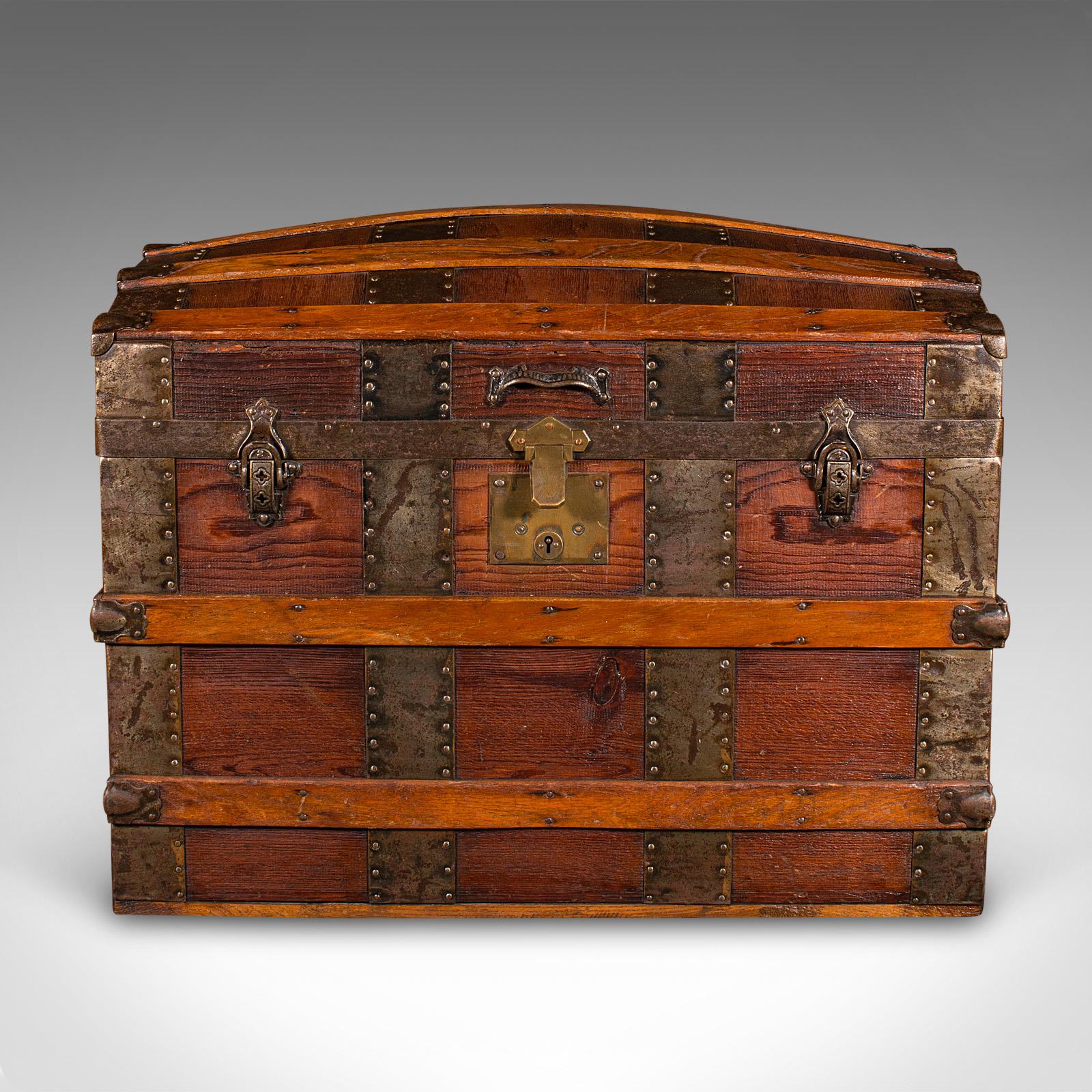 British Antique Dome Topped Chest, English, Pine, Shipping Trunk, Victorian, Circa 1870
