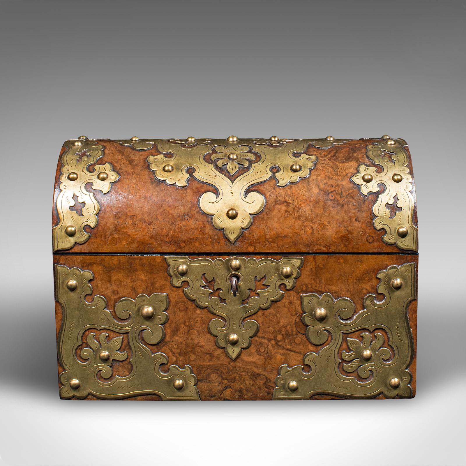 British Antique Domed Top Caddy, English, Burr Walnut, Brass, Keepsake Box, Victorian For Sale