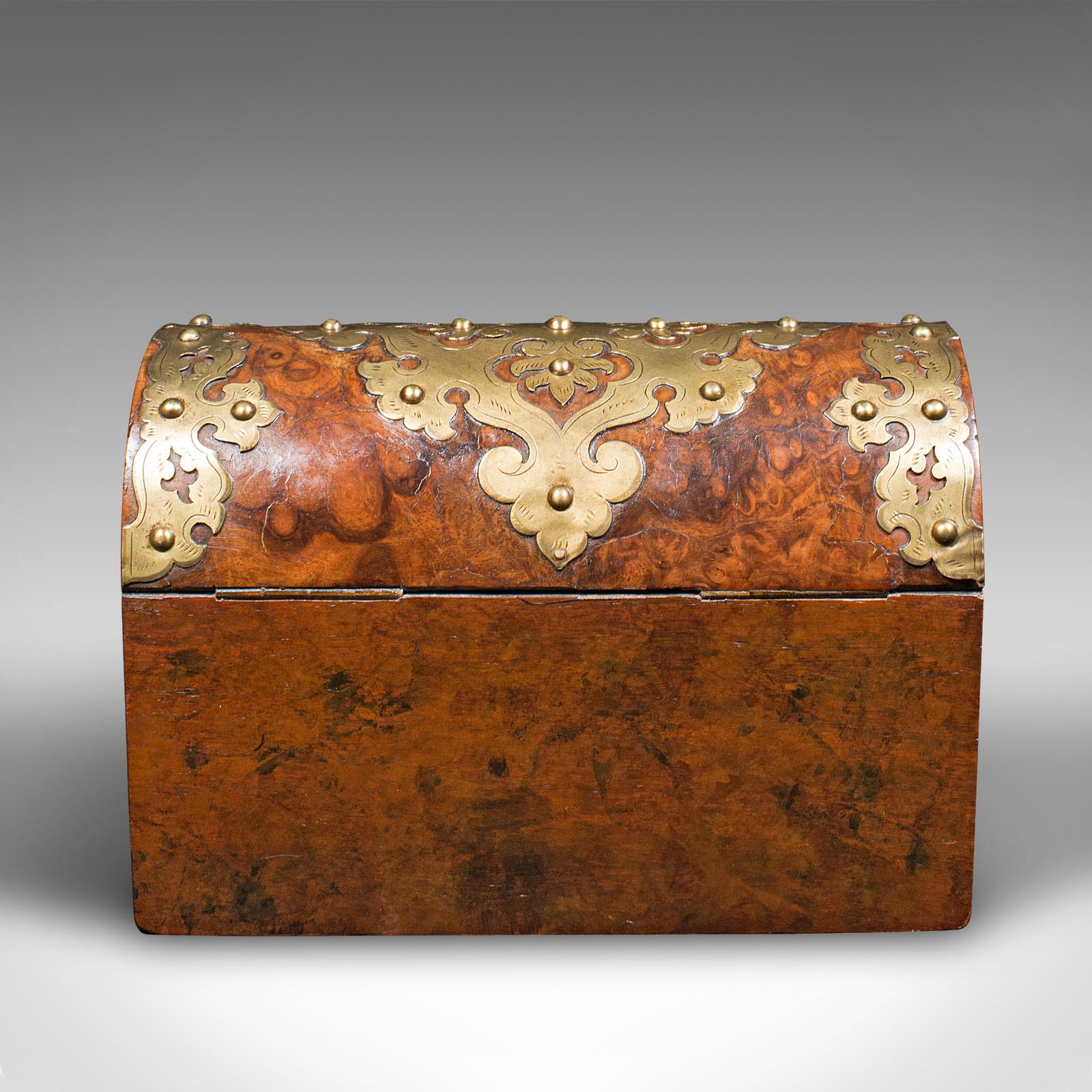 Antique Domed Top Caddy, English, Burr Walnut, Brass, Keepsake Box, Victorian For Sale 2