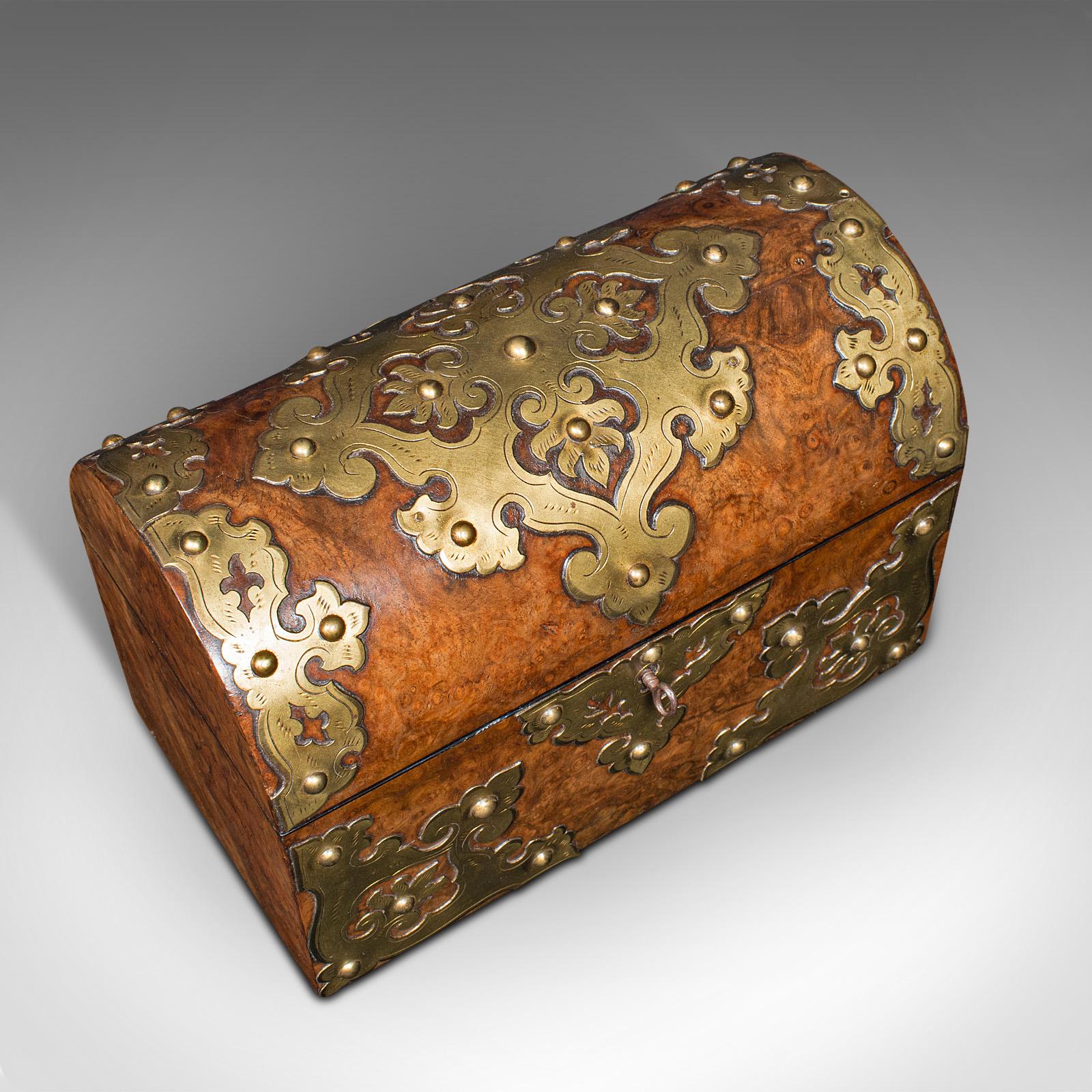 Antique Domed Top Caddy, English, Burr Walnut, Brass, Keepsake Box, Victorian For Sale 3