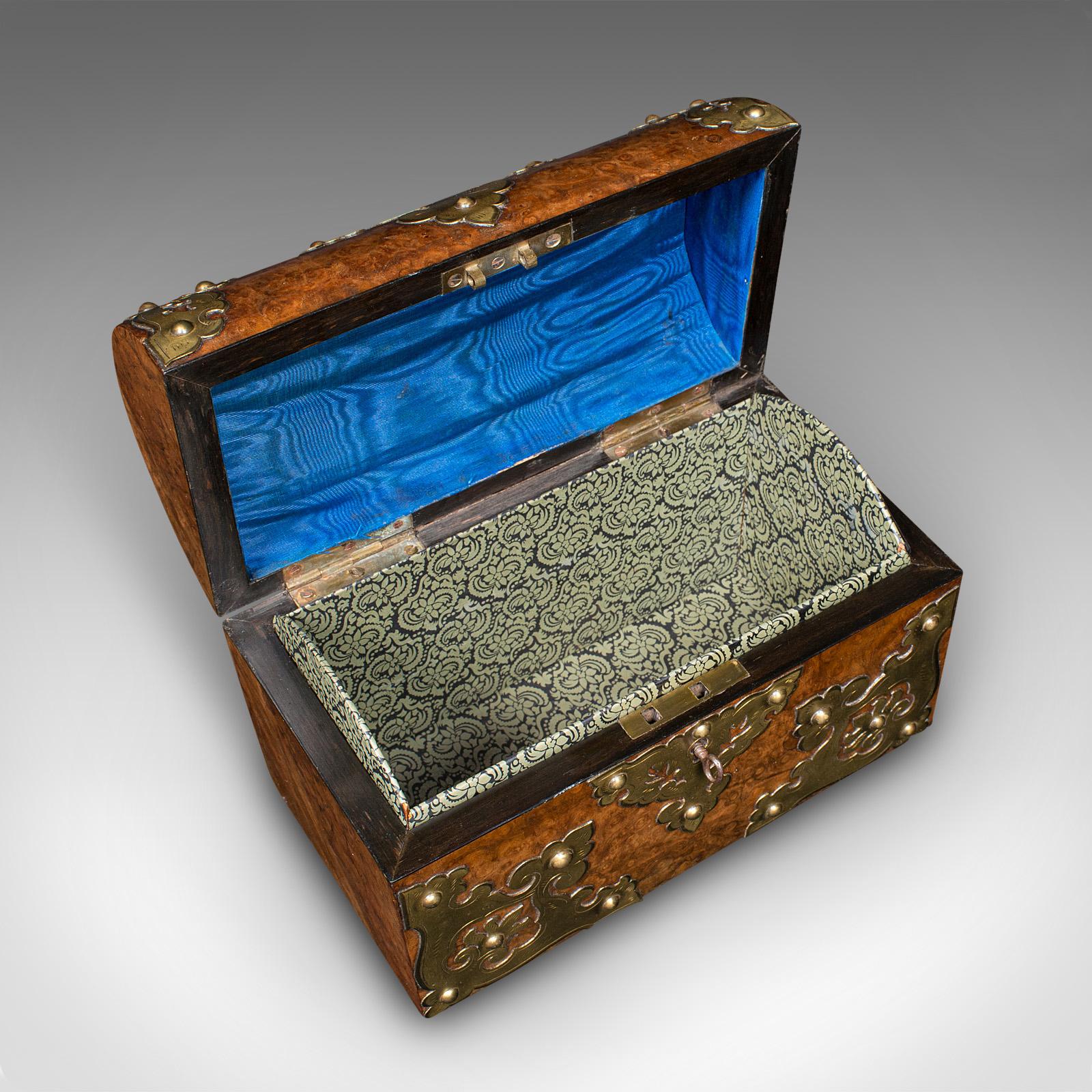 Antique Domed Top Caddy, English, Burr Walnut, Brass, Keepsake Box, Victorian For Sale 4