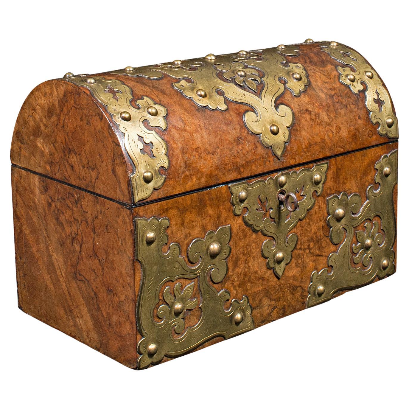 Antique Domed Top Caddy, English, Burr Walnut, Brass, Keepsake Box, Victorian For Sale