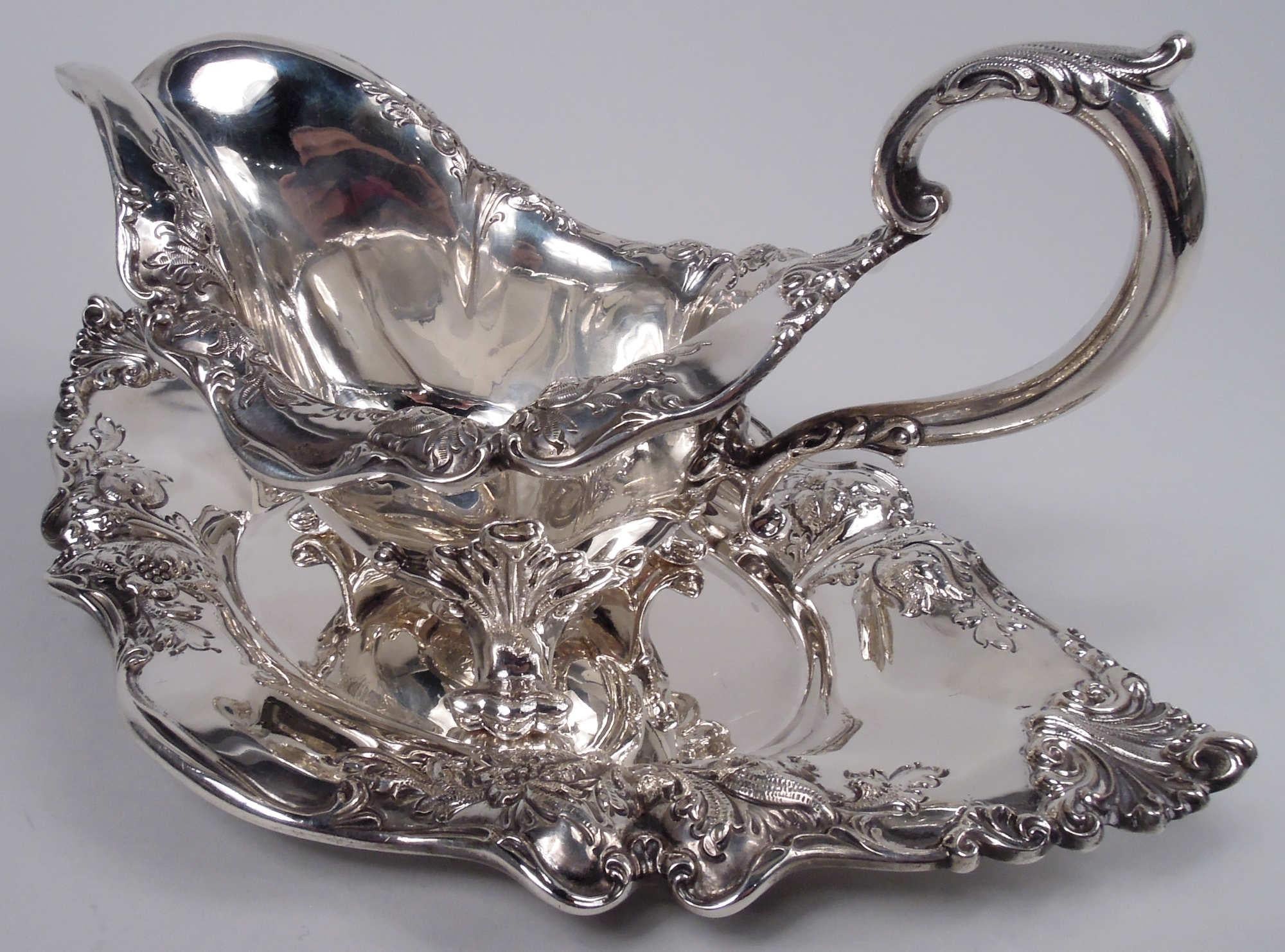 Early 20th Century Antique Dominick & Haff Edwardian Sterling Silver Gravy Boat on Stand For Sale