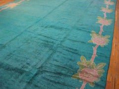 Oversized Antique Teal-Blue Irish Donegal Arts-Crafts / Art Nouveau Rug Carpet