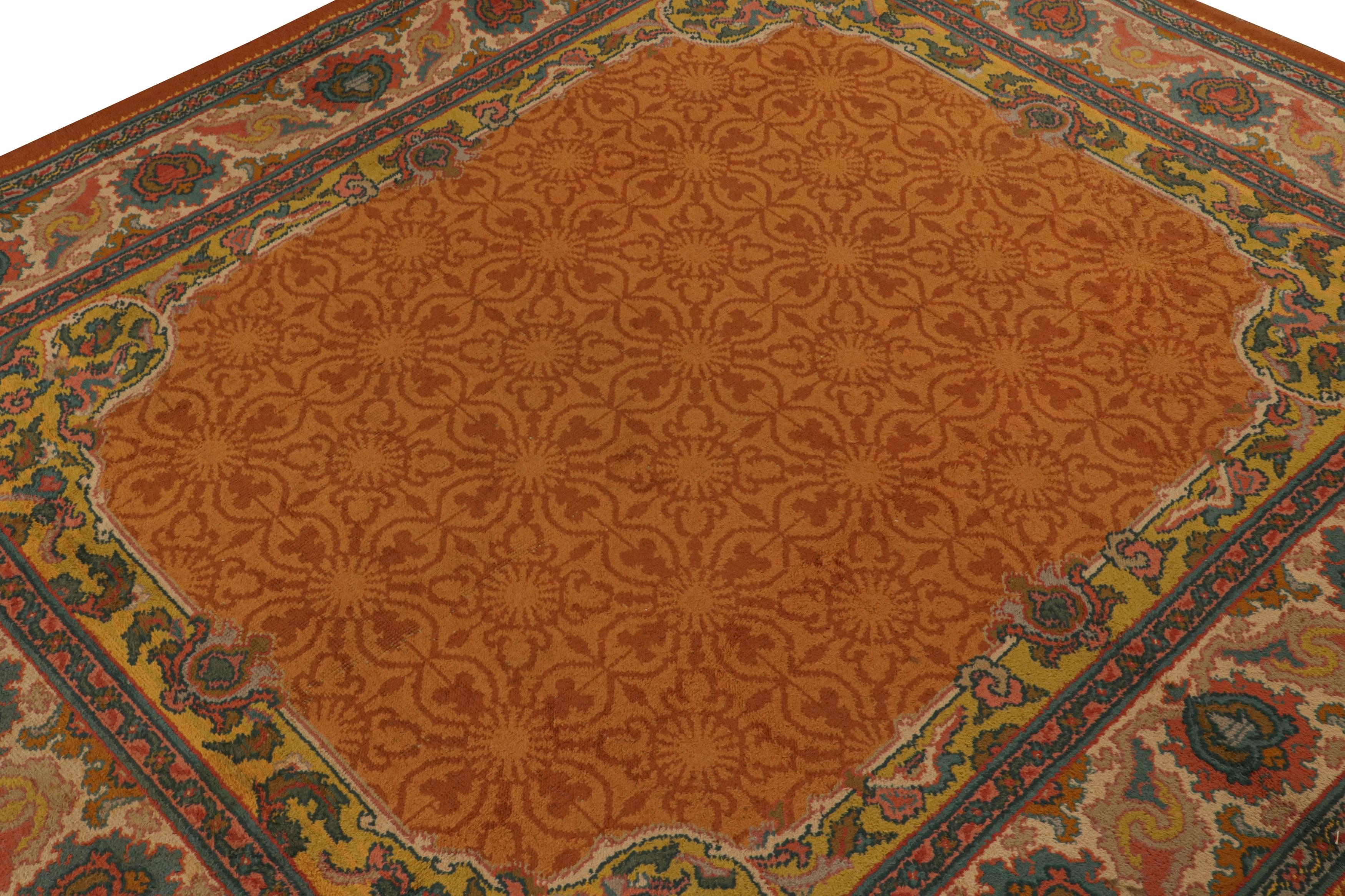 Irish Antique Donegal Arts & Crafts Rug in Orange with Floral Pattern