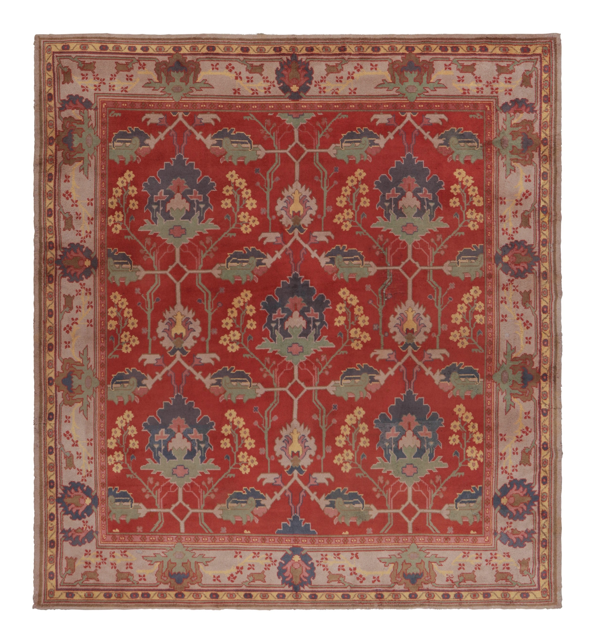 Handgeknüpfter antiker Voysey Arts & Crafts Teppich in Rot Beige Floral von Teppich & Kelim