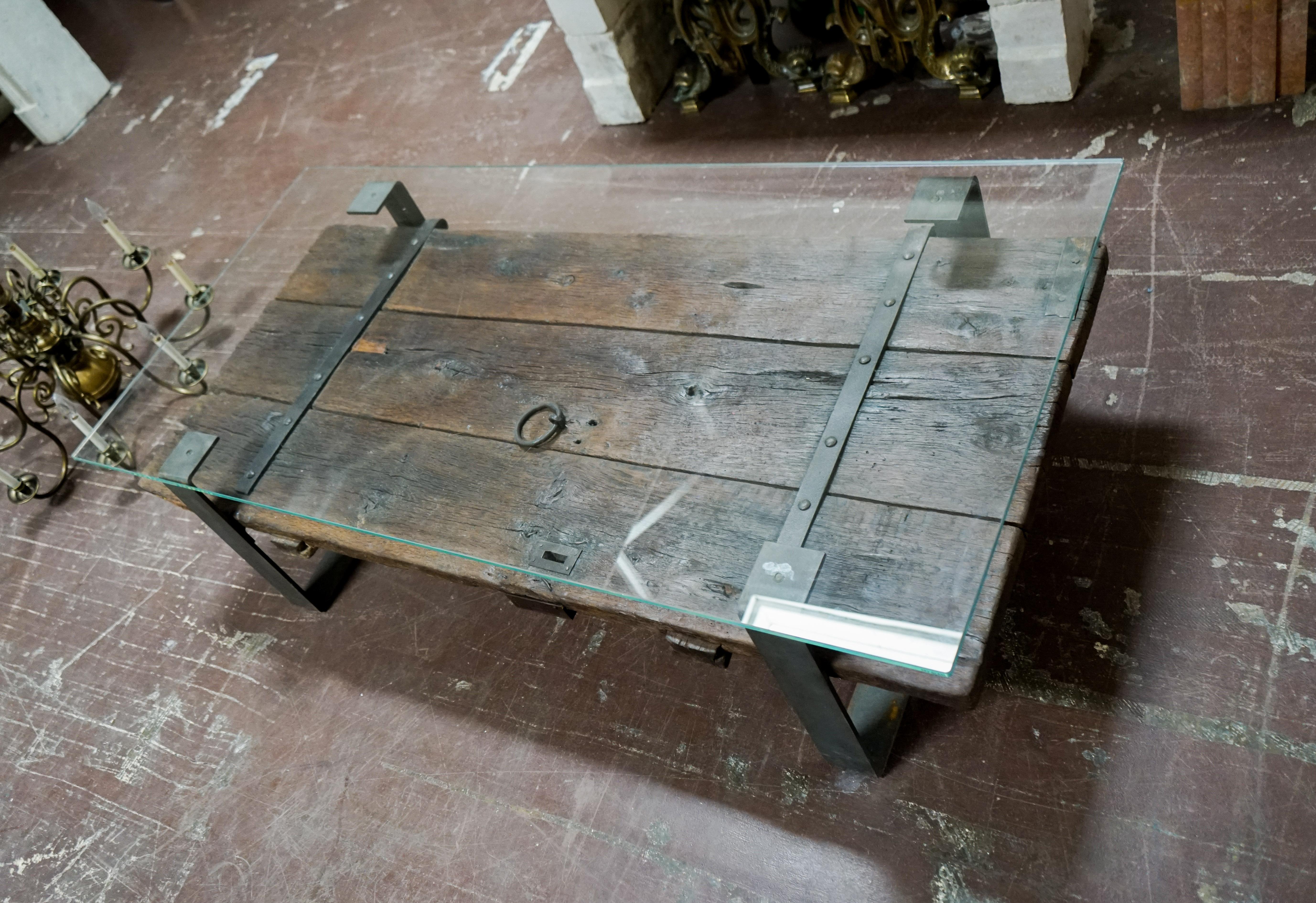 Antique Door Coffee Table with Glass Top In Excellent Condition In Dallas, TX
