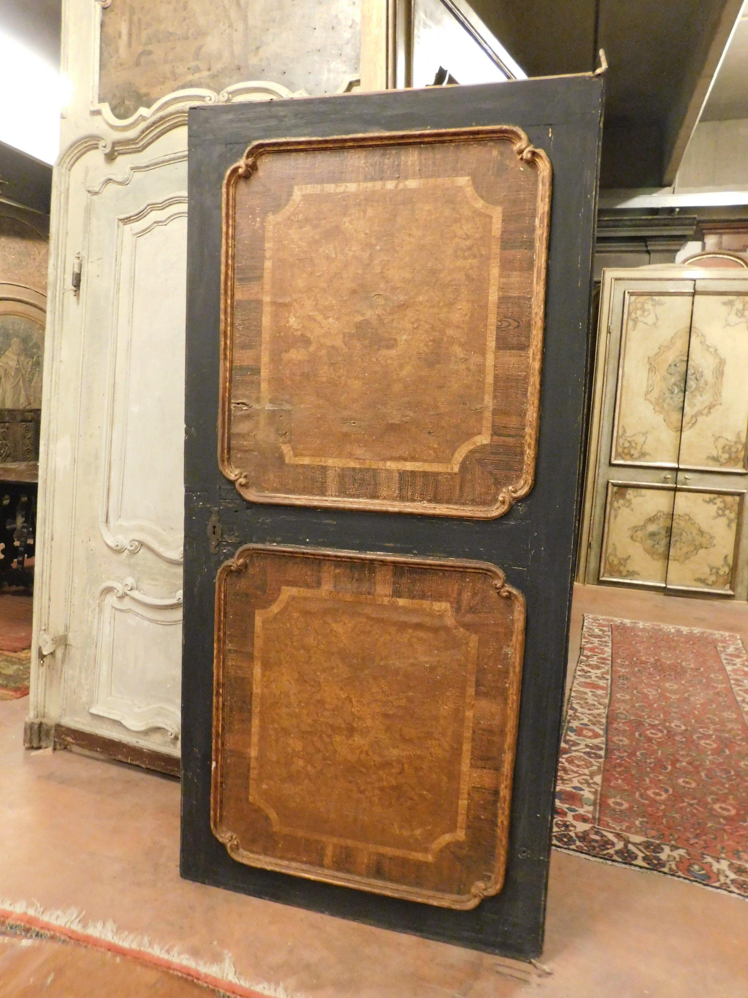 Italian Antique Door Covered in Leather on Wood, Brown and Black, 18th Century, Italy For Sale