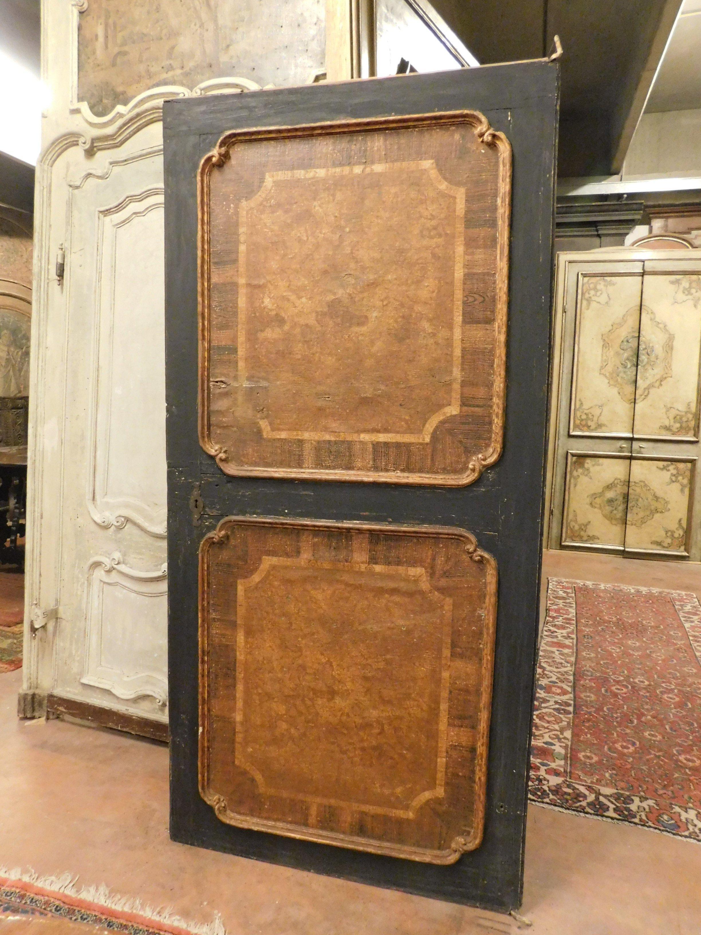 Hand-Painted Antique Door Covered in Leather on Wood, Brown and Black, 18th Century, Italy For Sale