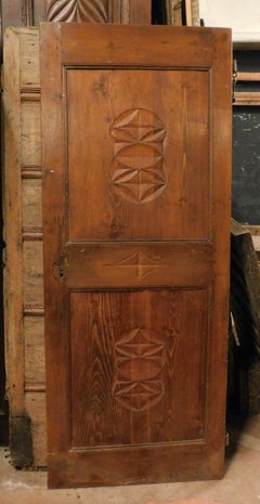 Antique Door in Larch Wood, Carved Geometric Figures, 19th Century, Italy