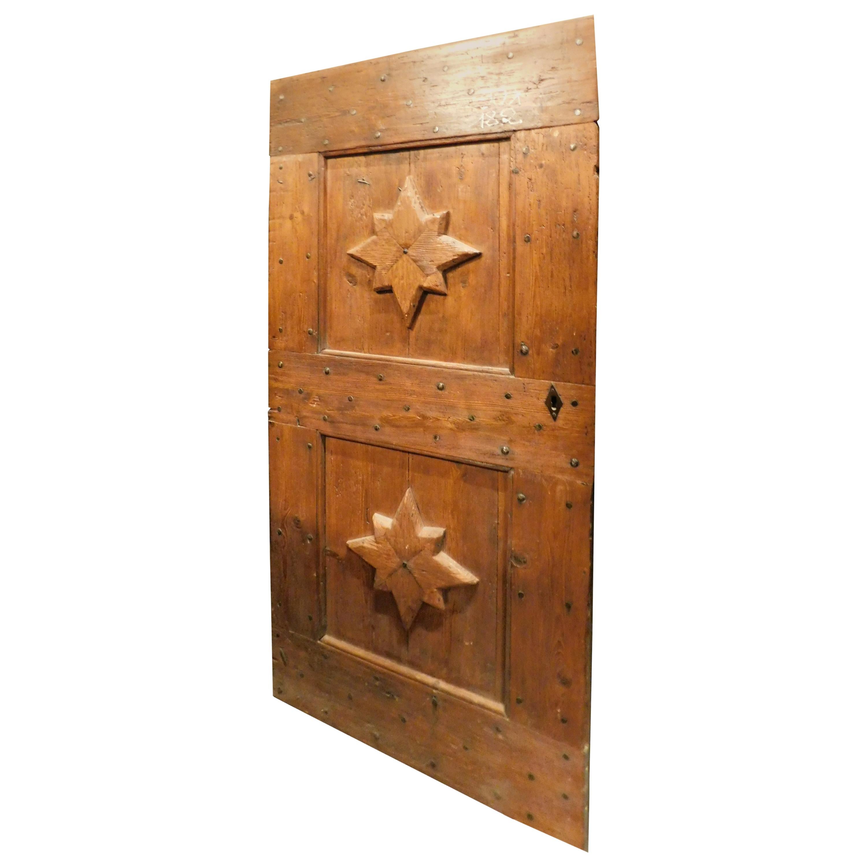 Antique Door in Red Larch Wood, Carved Star, Rustic from Mountain, Italy, 1800