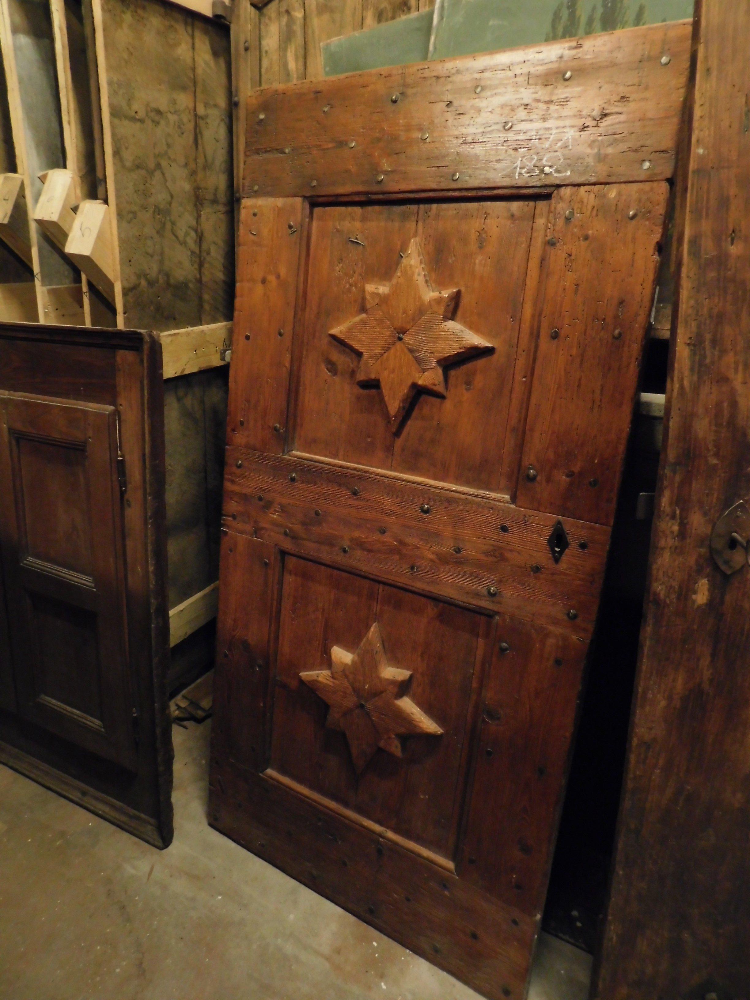 Italian Antique Door in Red Larch Wood, Carved Star, Rustic from Mountain, Italy, 1800