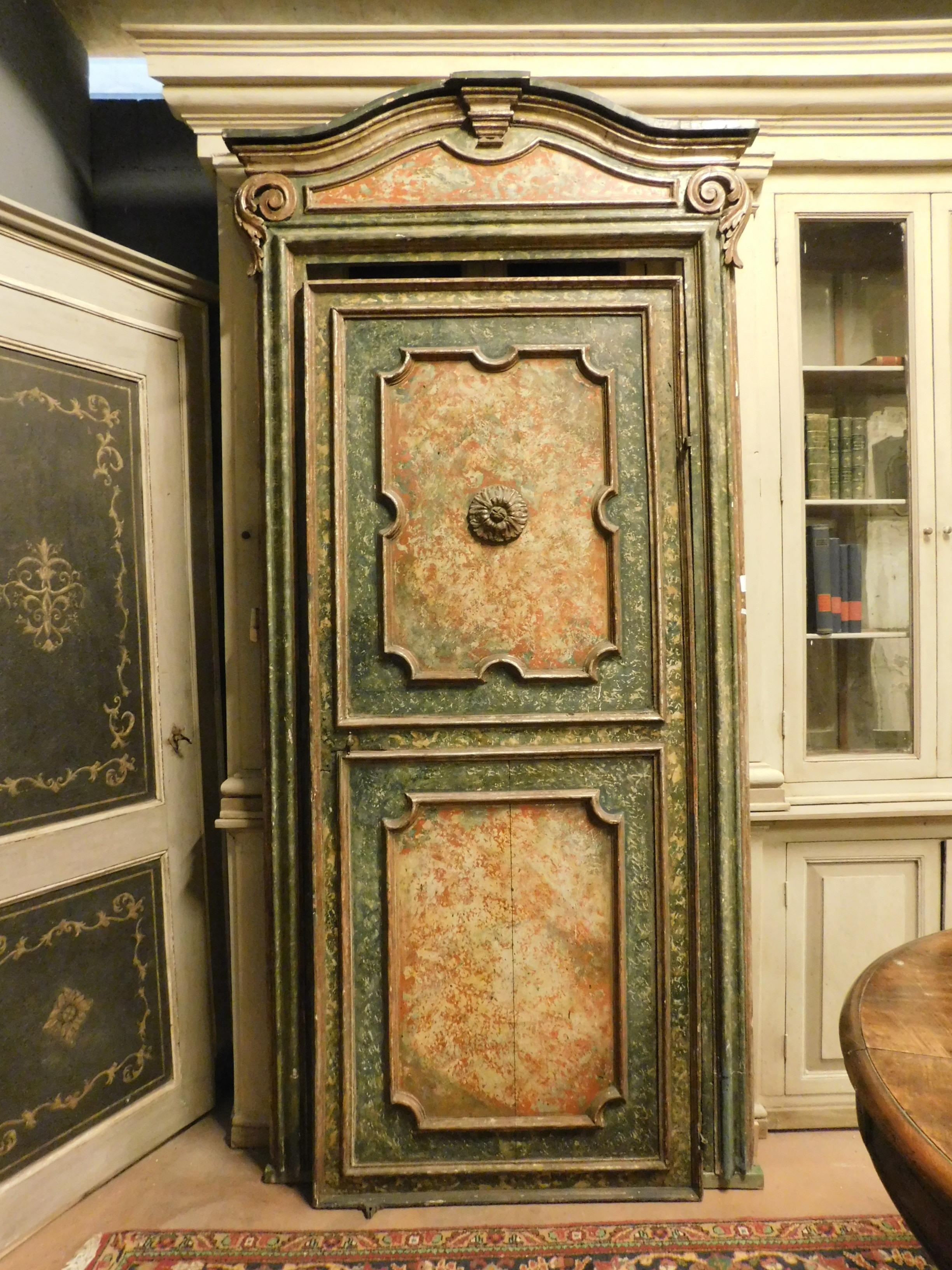 Italian Antique Door in Silver Lacquer, Faux Green Marble, Original 17th Century, Italy For Sale