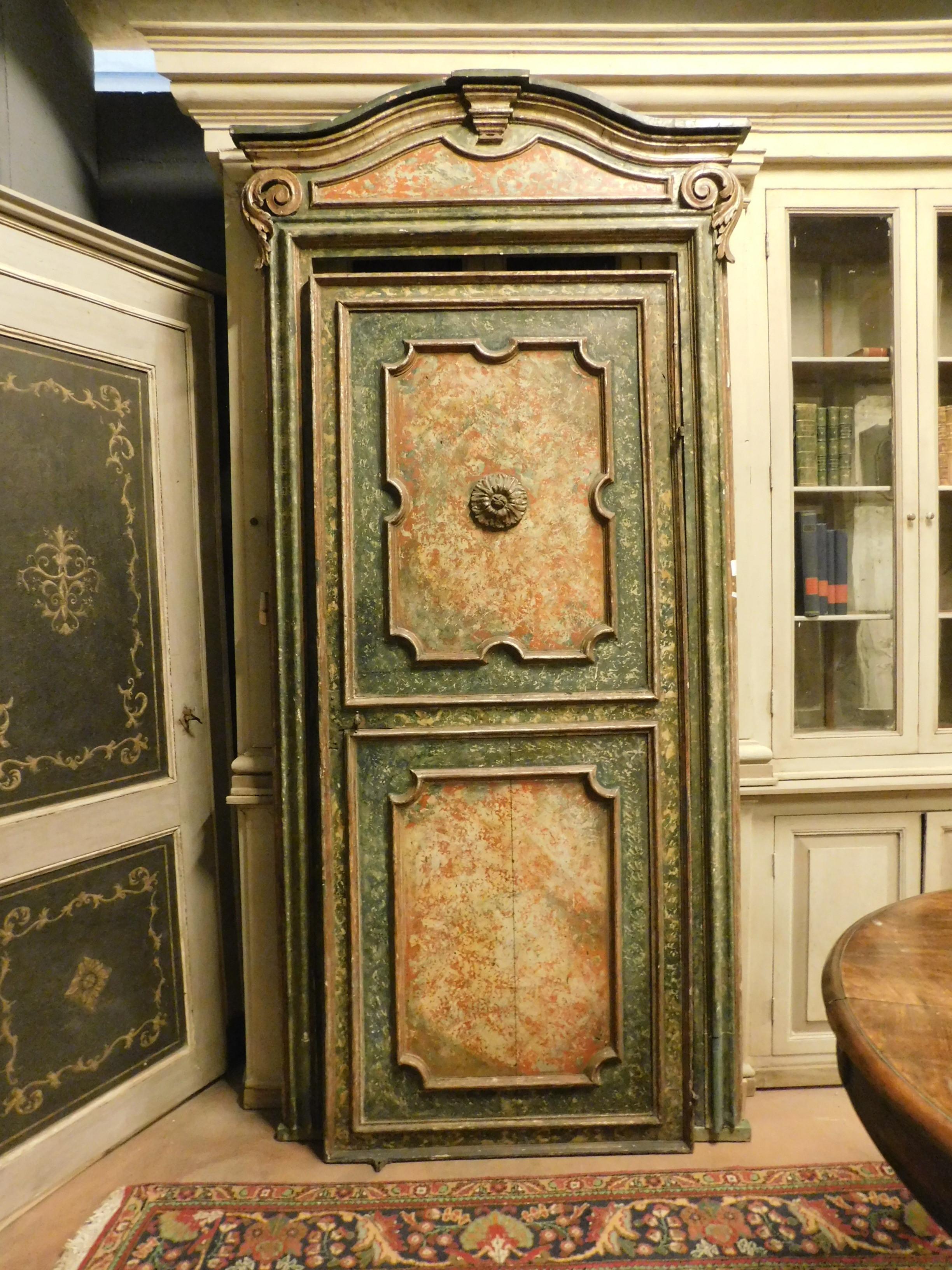 Hand-Painted Antique Door in Silver Lacquer, Faux Green Marble, Original 17th Century, Italy For Sale