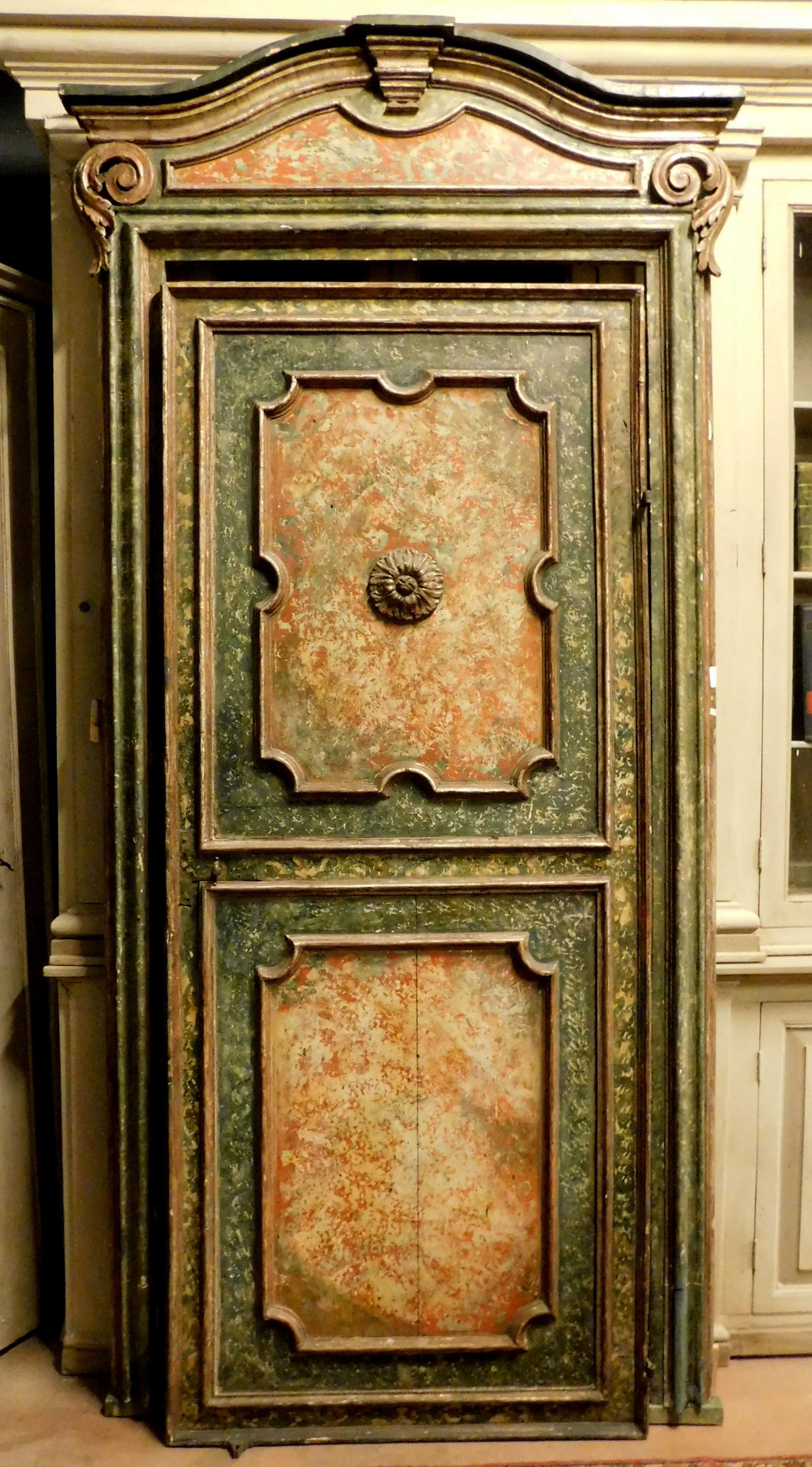 Porte ancienne en laque argentée, faux marbre vert, original 17ème siècle, Italie Bon état - En vente à Cuneo, Italy (CN)