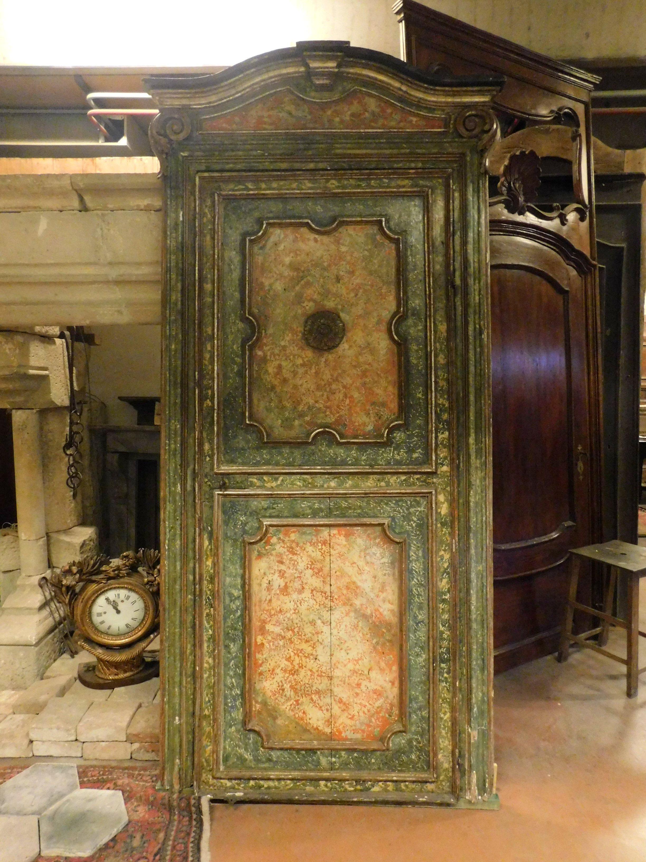 18th Century and Earlier Antique Door in Silver Lacquer, Faux Green Marble, Original 17th Century, Italy For Sale