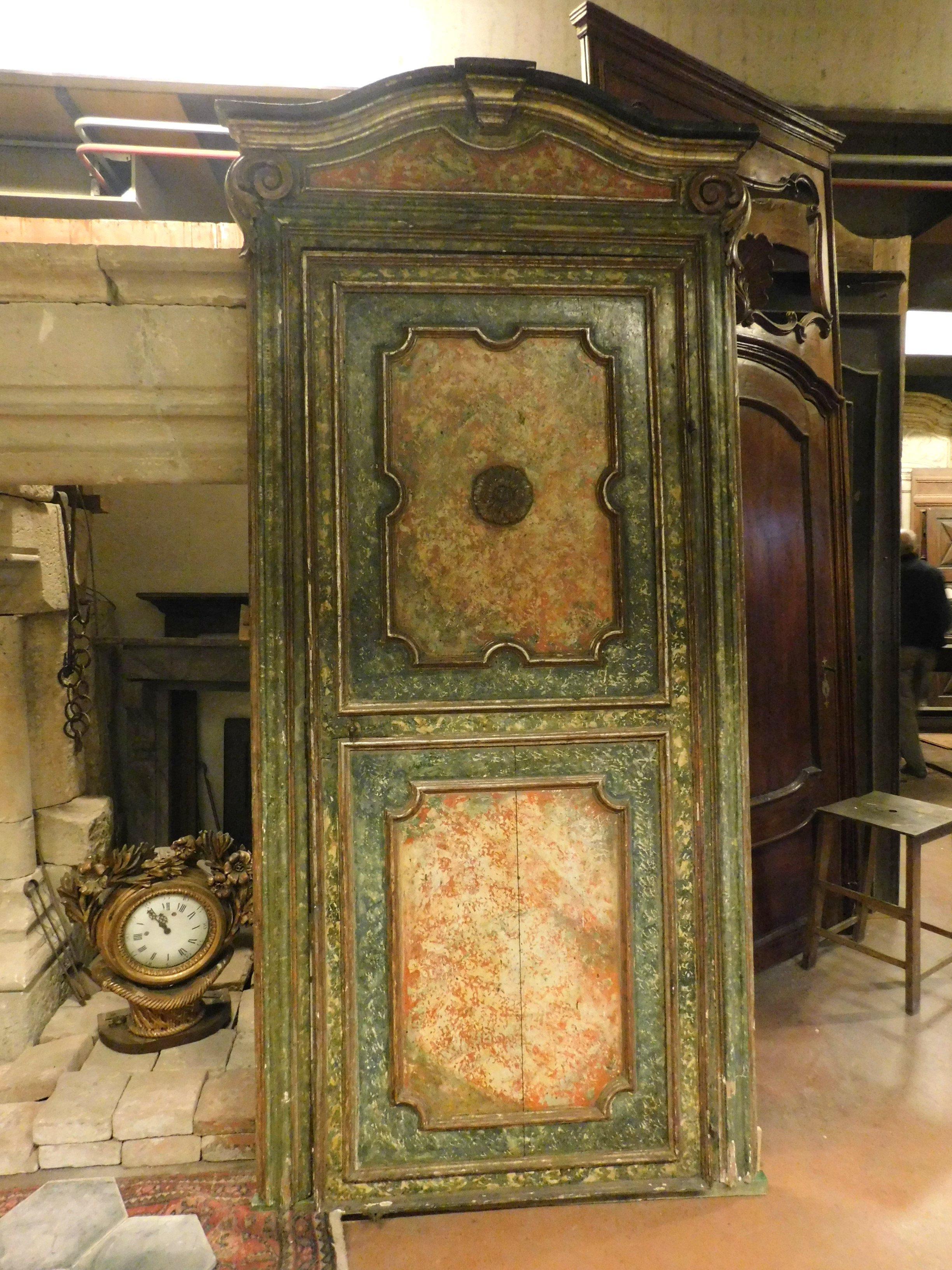 Wood Antique Door in Silver Lacquer, Faux Green Marble, Original 17th Century, Italy For Sale