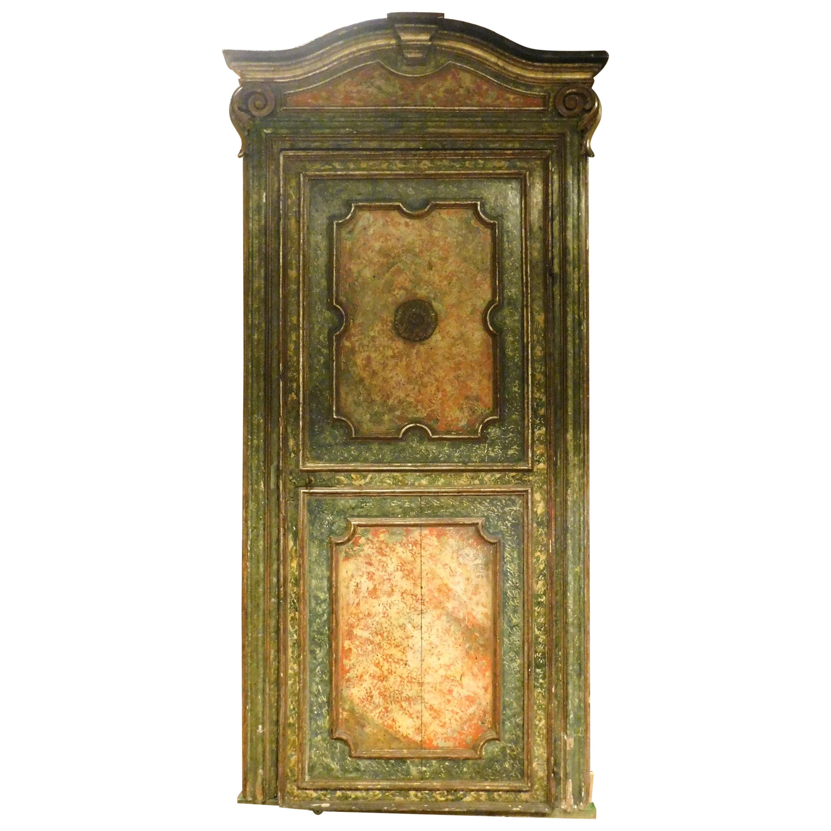 Antique Door in Silver Lacquer, Faux Green Marble, Original 17th Century, Italy For Sale