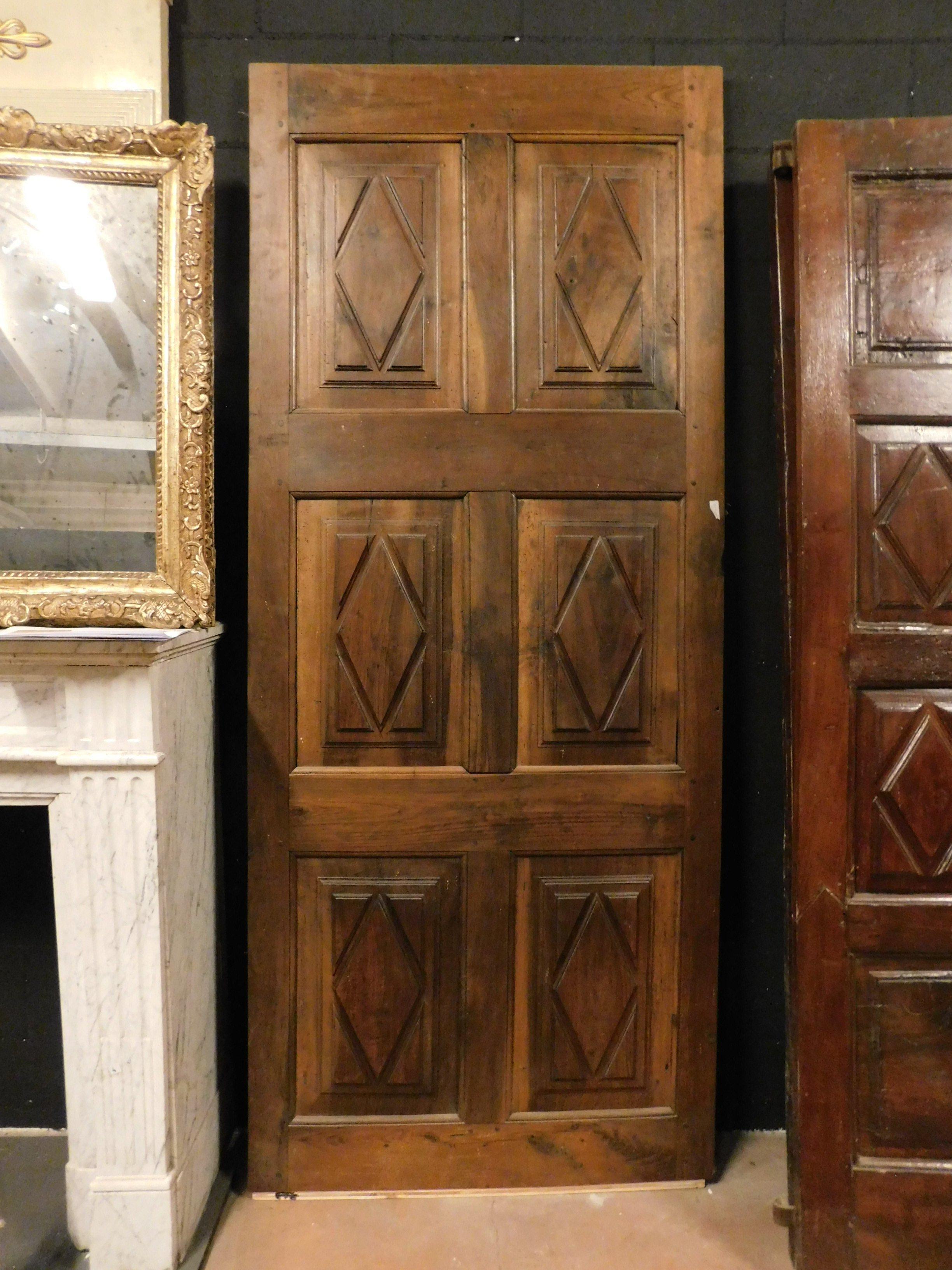 Italian Antique Door in Solid Walnut, Carved with Lozenges, '700 Italy For Sale