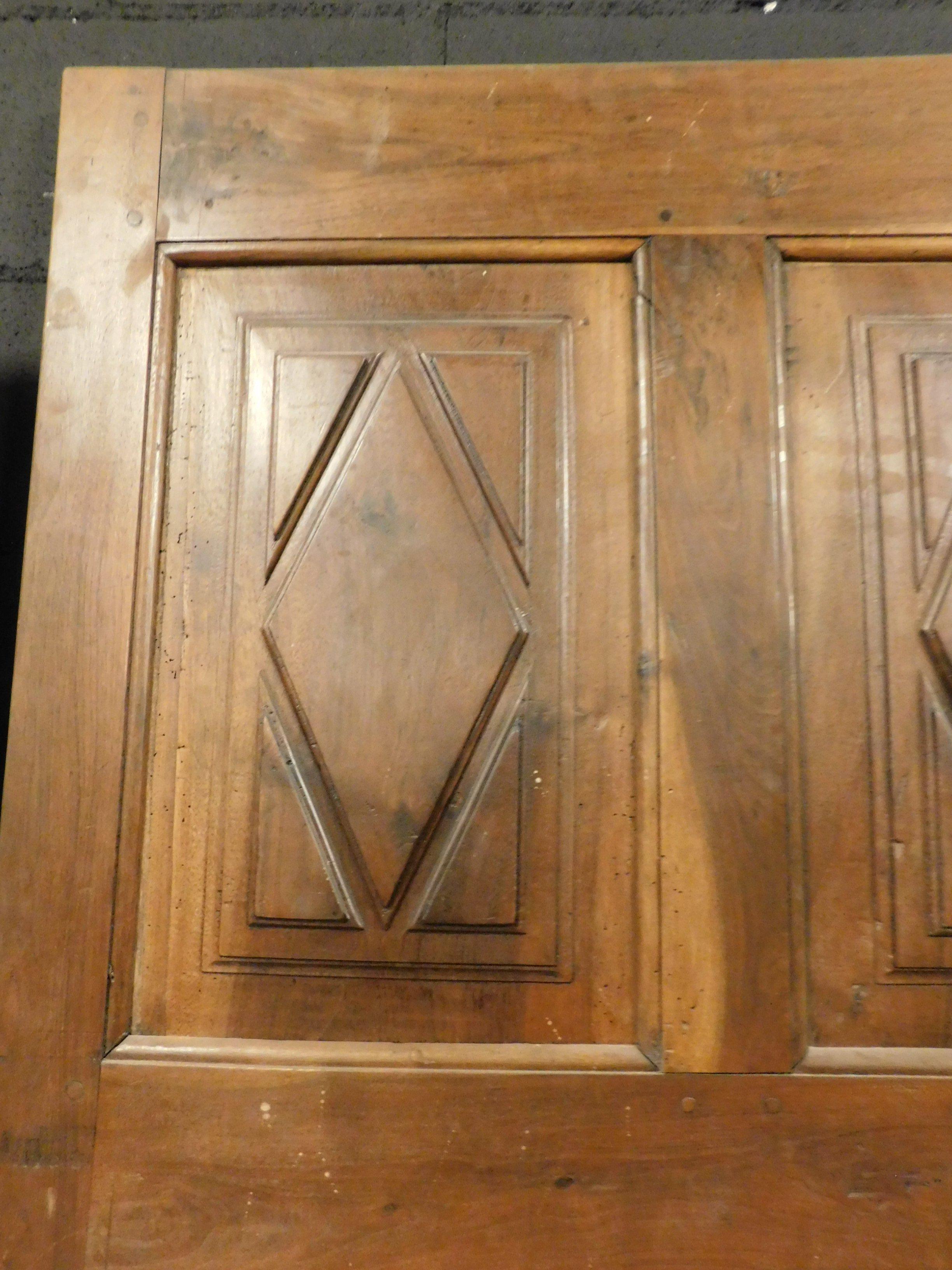 Hand-Carved Antique Door in Solid Walnut, Carved with Lozenges, '700 Italy For Sale
