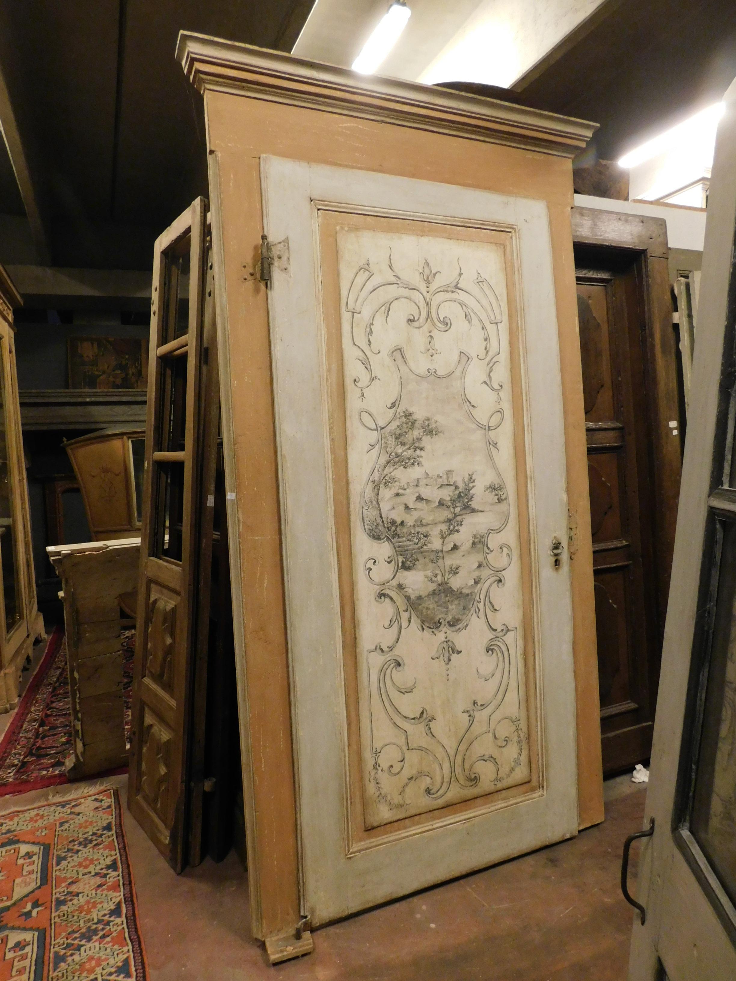 Hand-Painted Antique Door Lacquered and Painted with Frame, 18th Century Rome, 'Italy' For Sale