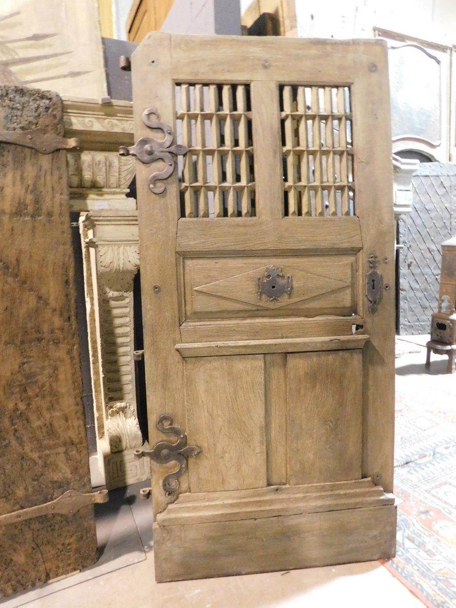 Hand-Carved Antique Door Oak Wood, Window and Carved Panels, Original Irons, 1700, France