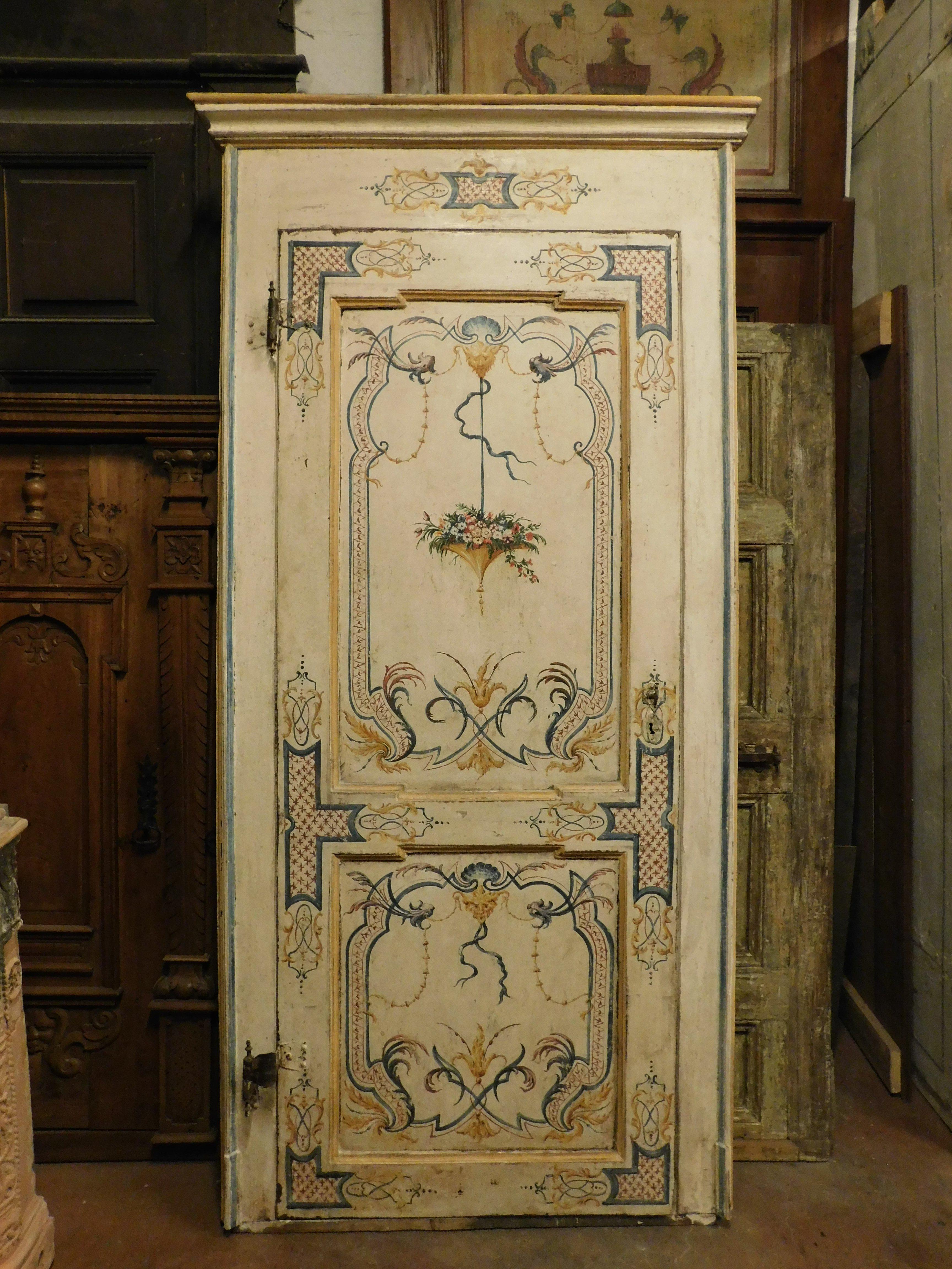 Antique single internal door, hand painted with many colors on a cream background, complete with original frame and ironwork, hand built in the 18th century for an important building in central Italy, maximum size with frame W 110 cm (+ 5 cm