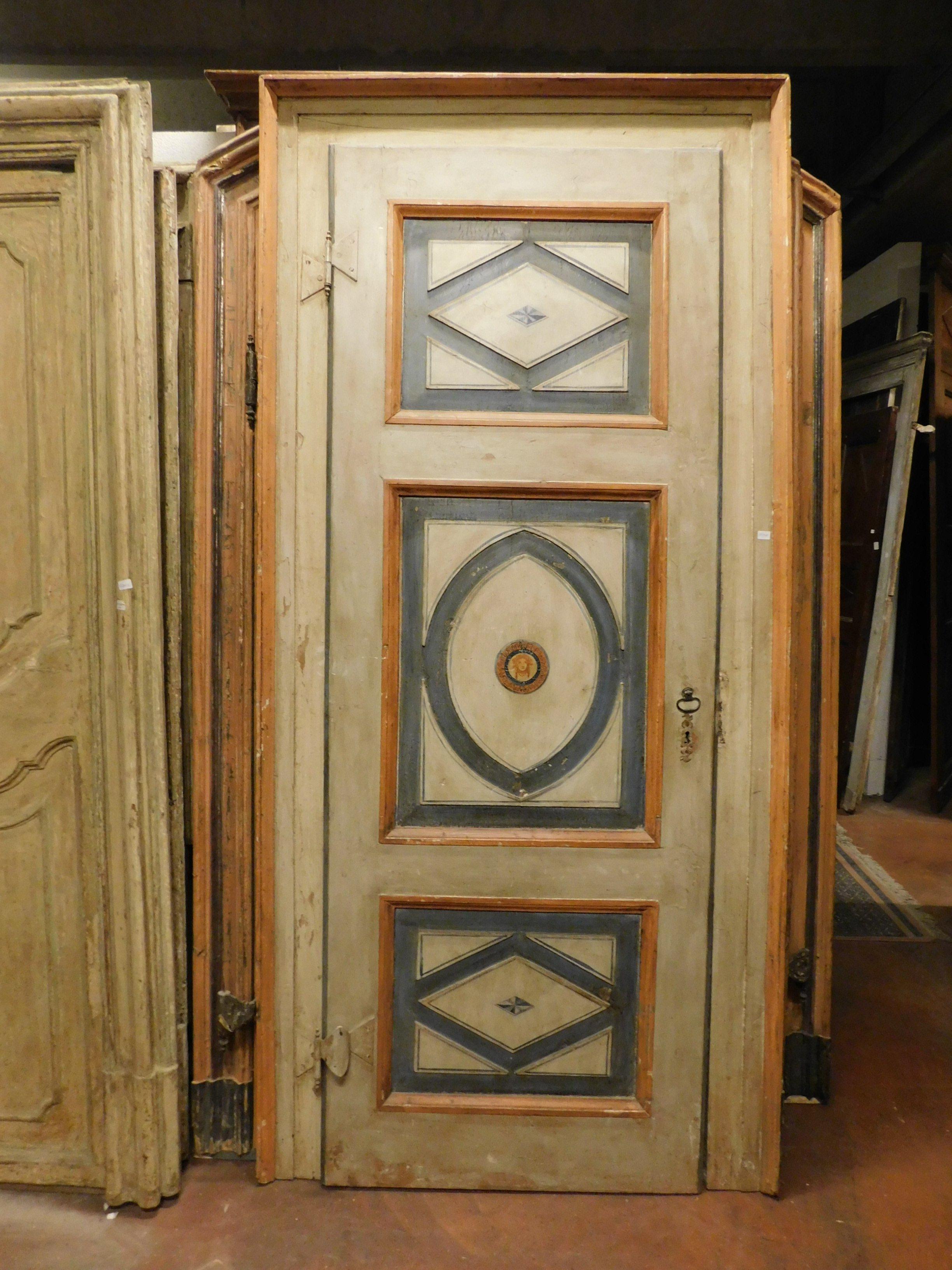 Antique door painted with frame, various colors: orange, green and beige, hand painted lozenge-shaped panels with central Venus, also painted on the back, with original frame and irons / handles, all handmade by artisans in Italy in the 1700, from