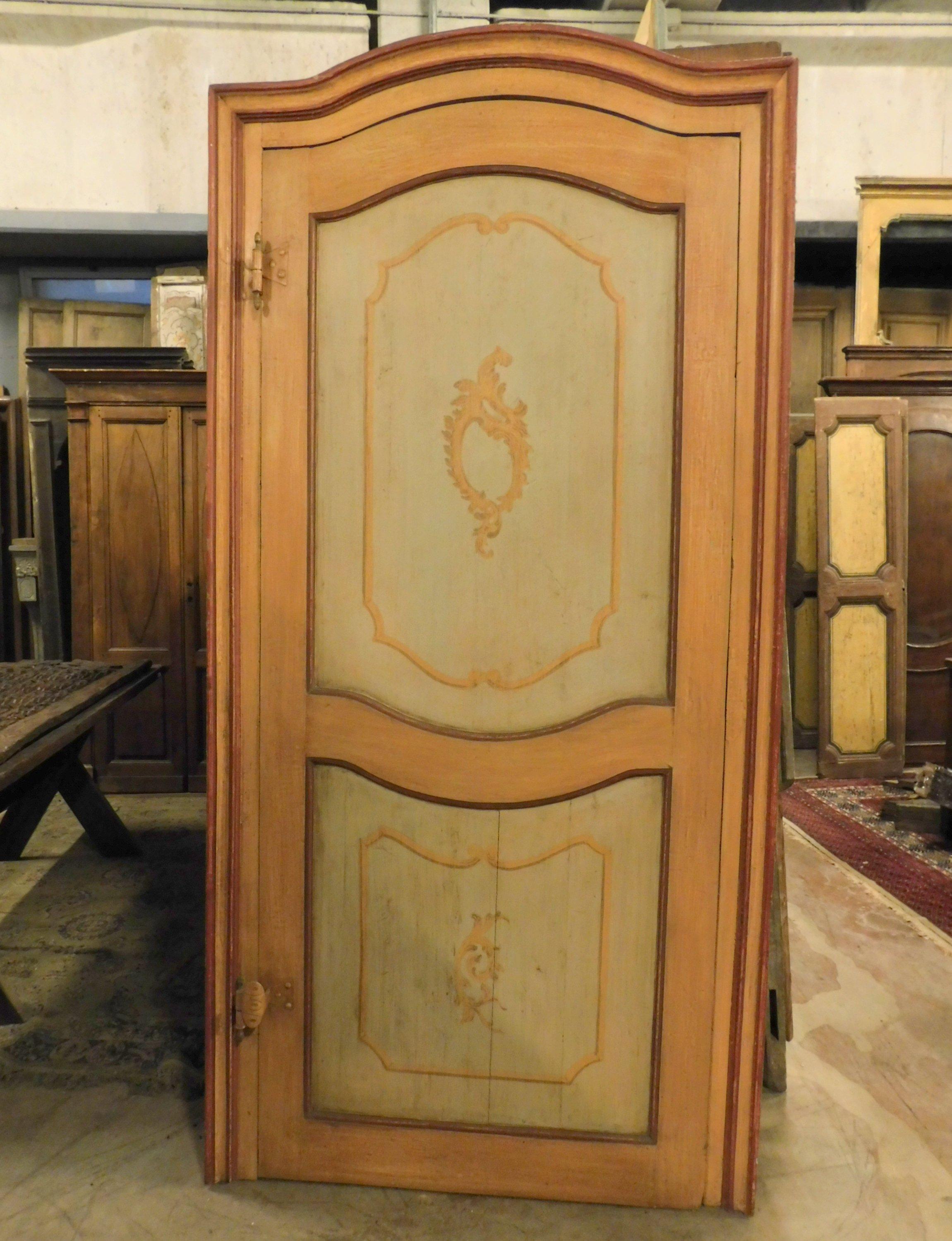 Hand-Painted Antique Door Painted Yellow/Orange, Moved Original Frames and Irons, 1700, Italy For Sale