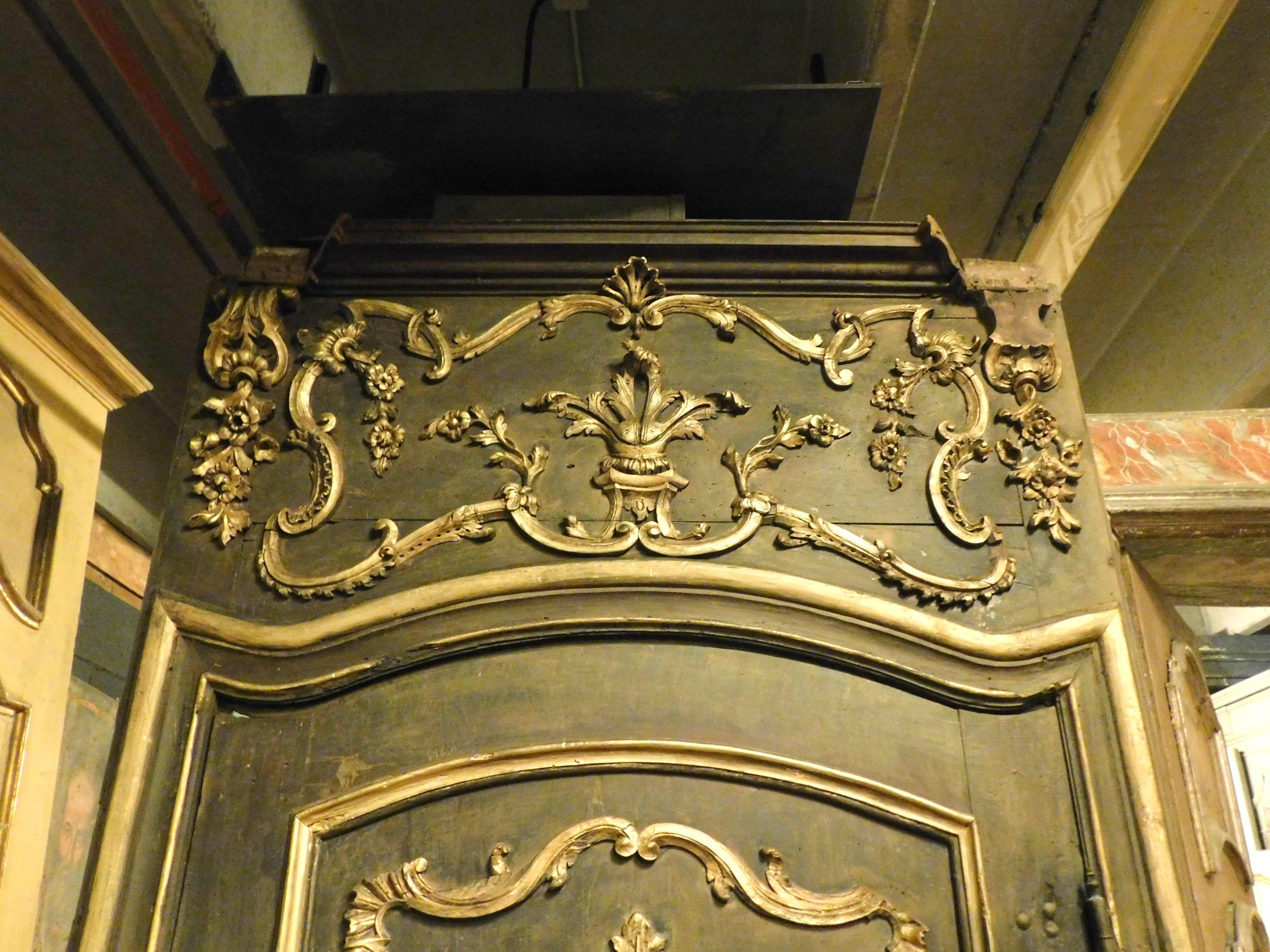 Italian Antique Door with Rich Frame and Carved over Door, Black and Gold, 1700, Italy For Sale