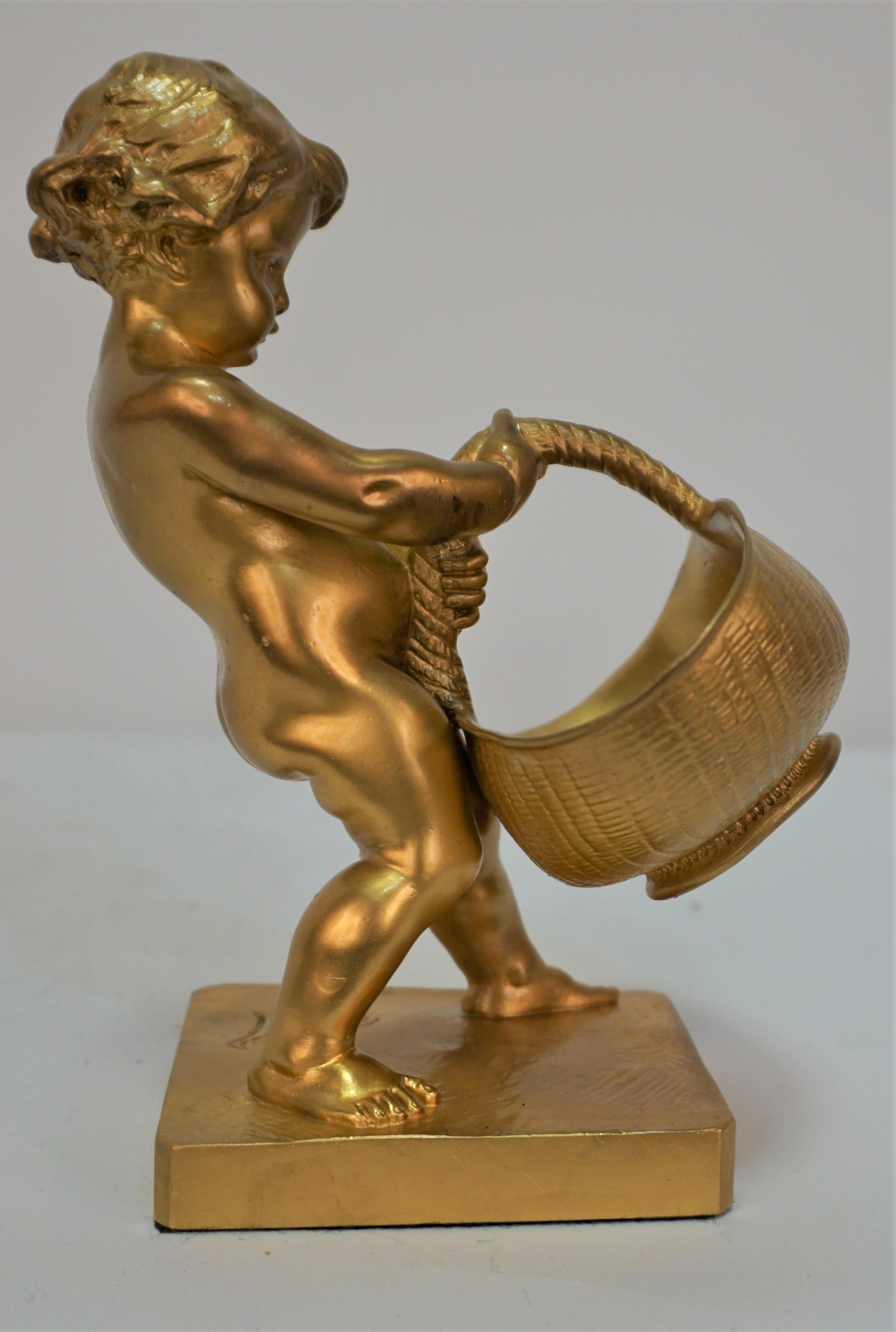 French Antique Dore Bronze of a Boy with Basket by Louis-Ernest Barrias