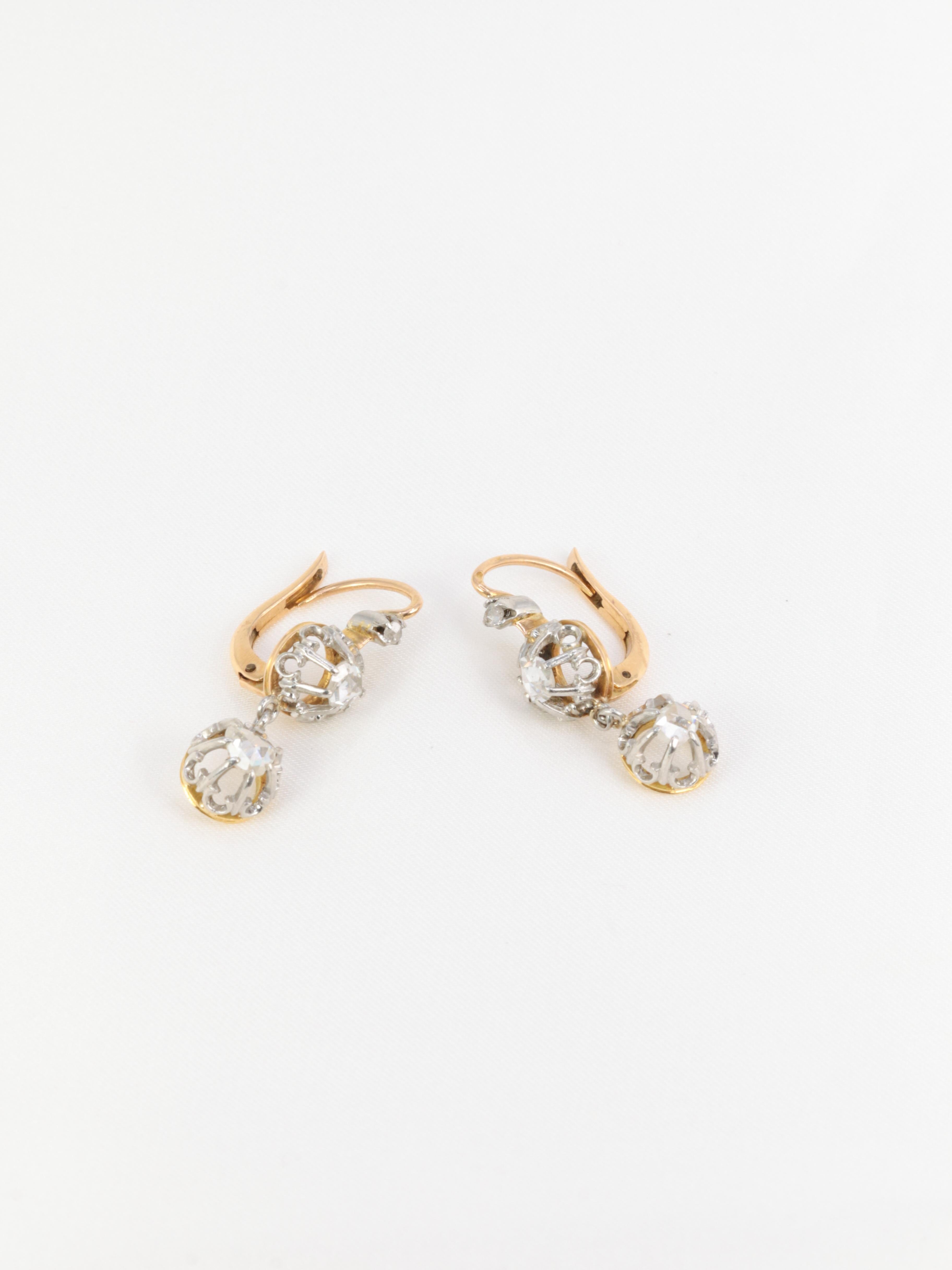 Victorian Antique dormeuse earrings in yellow gold and rose-cut diamonds For Sale