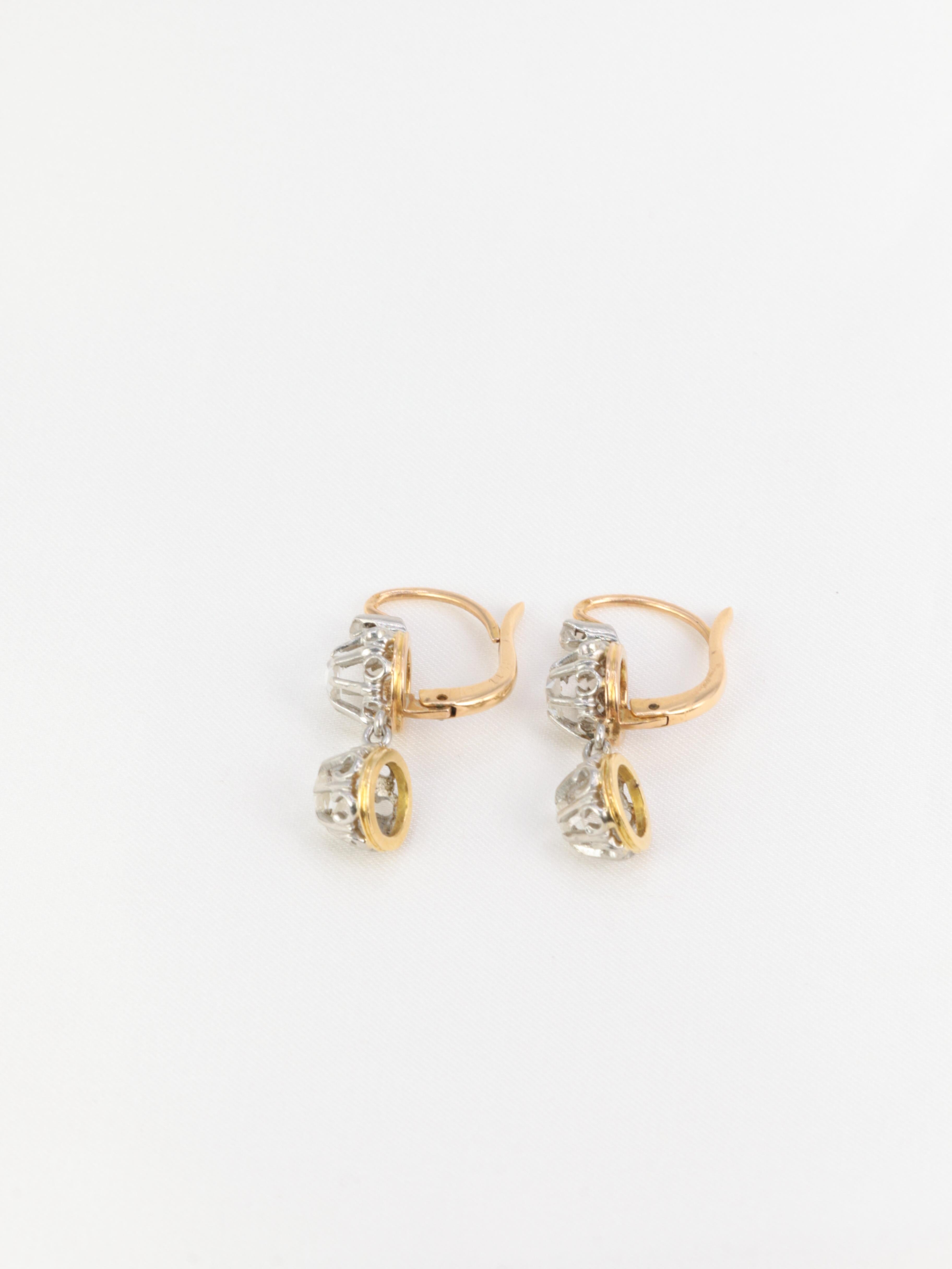 Rose Cut Antique dormeuse earrings in yellow gold and rose-cut diamonds For Sale
