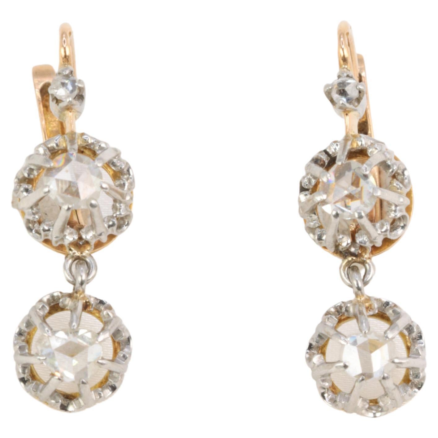 Antique dormeuse earrings in yellow gold and rose-cut diamonds For Sale