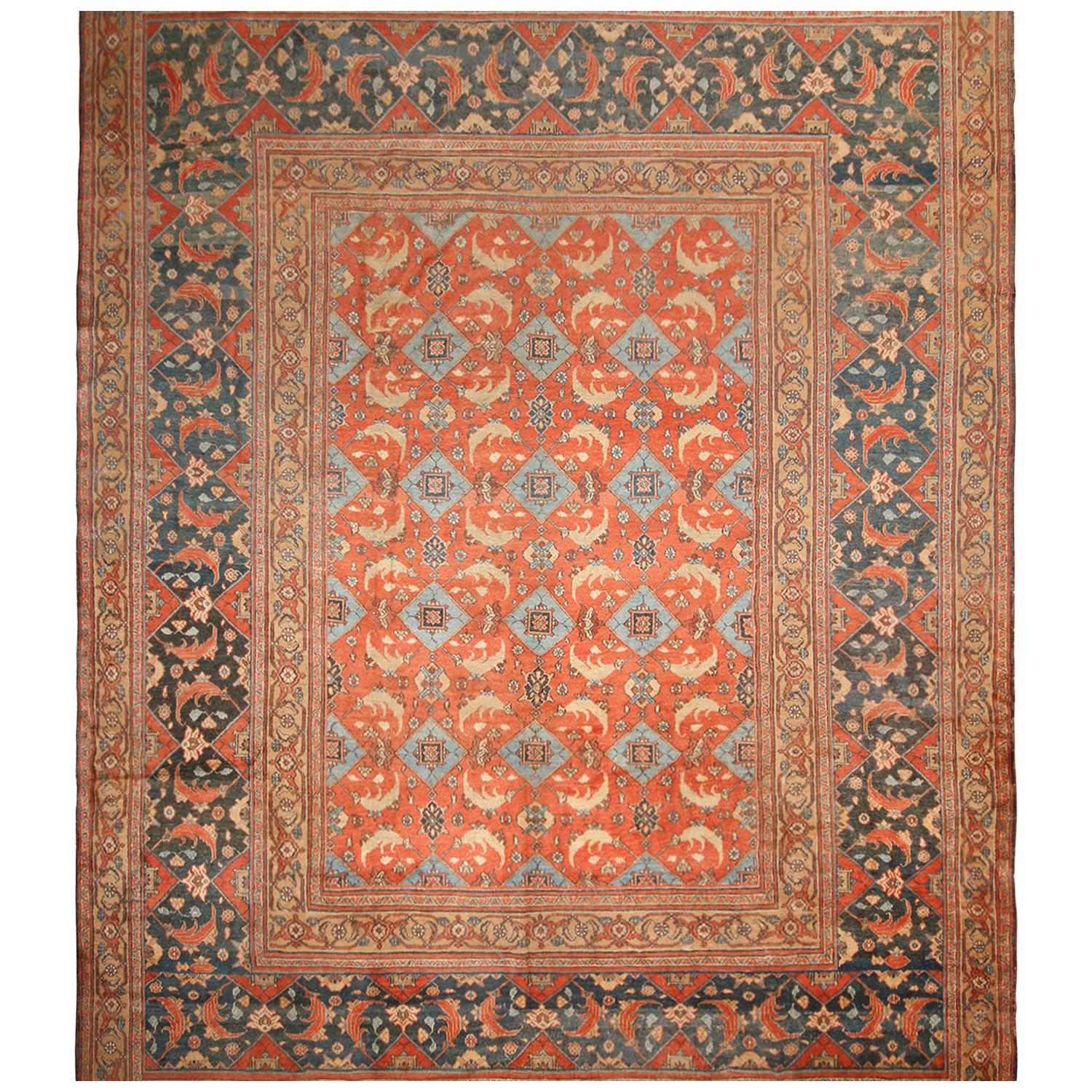 Antique Doroksh Beige Orange and Blue Wool Persian Rug with Herati Fish Pattern