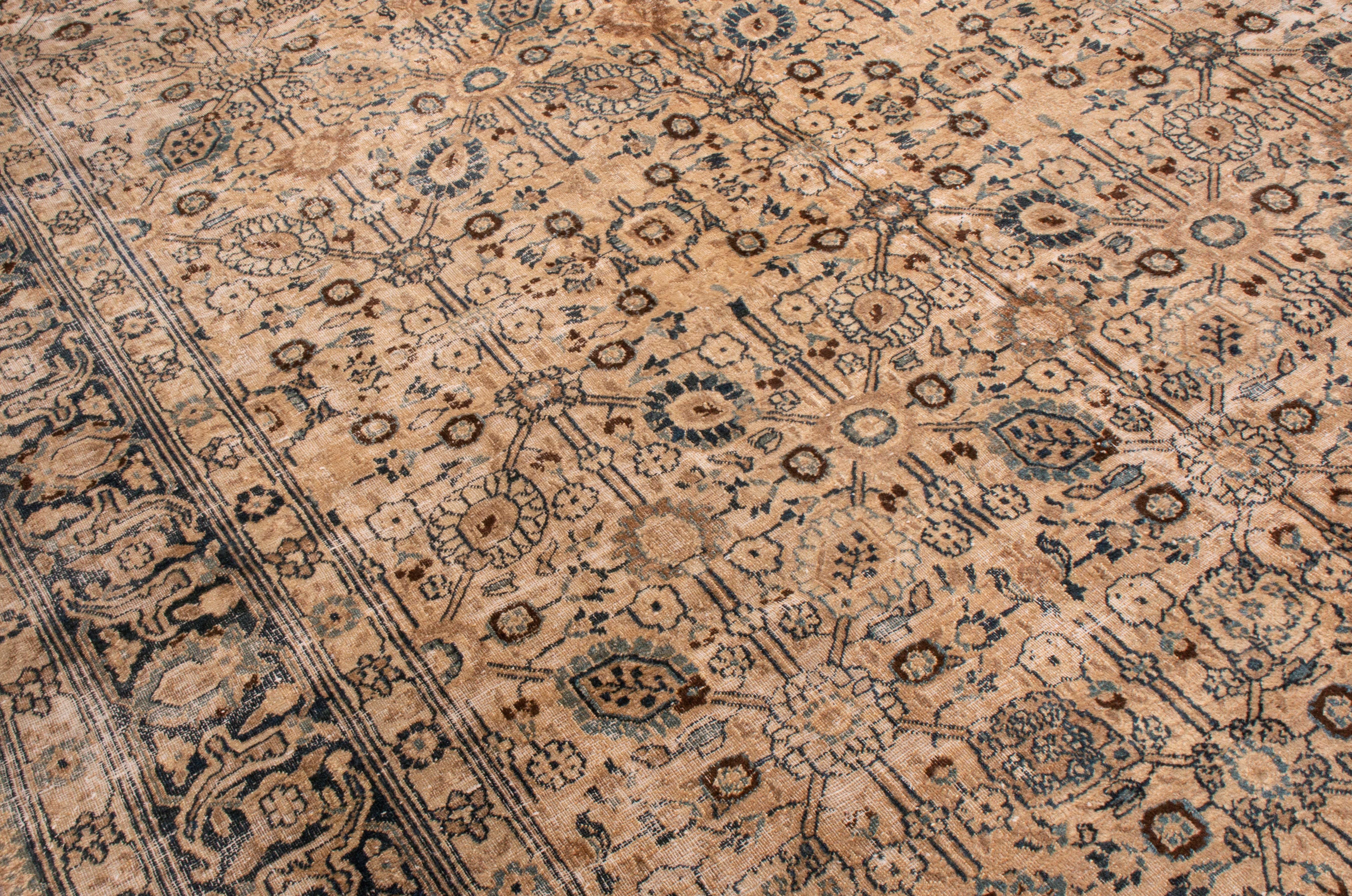 Persian Antique Doroksh Brown and Blue Wool Rug with All-Over Floral Pattern