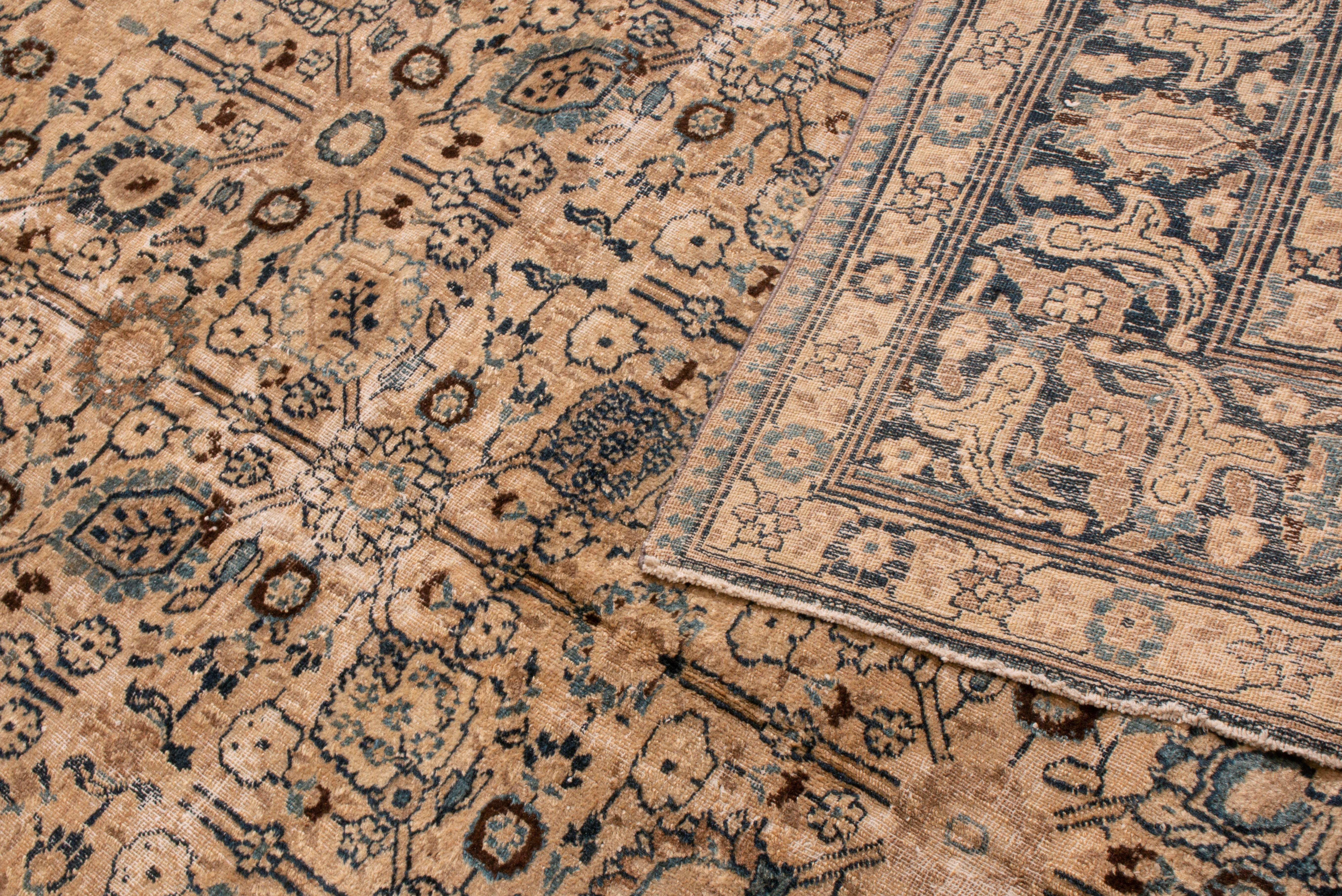 Hand-Knotted Antique Doroksh Brown and Blue Wool Rug with All-Over Floral Pattern